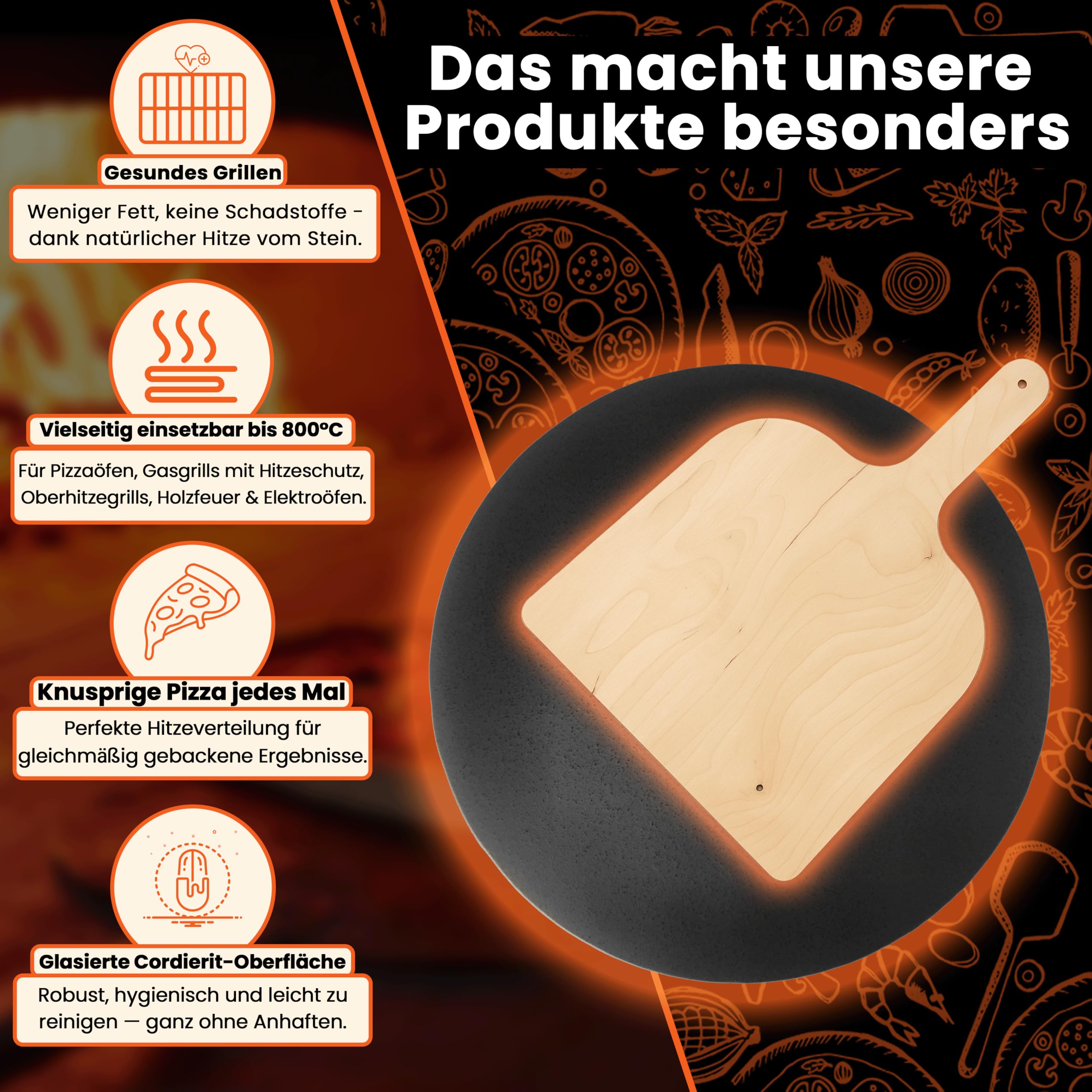 Megrill Pizzastein Rund Set 350x20mm Cordierit – Glasierter Pizza Stein für Holzkohle & Gasgrill, Hitzebeständig & Leicht zu Reinigen, Perfekt für Knusprige, Luftige Pizzaböden – Made in Germany
