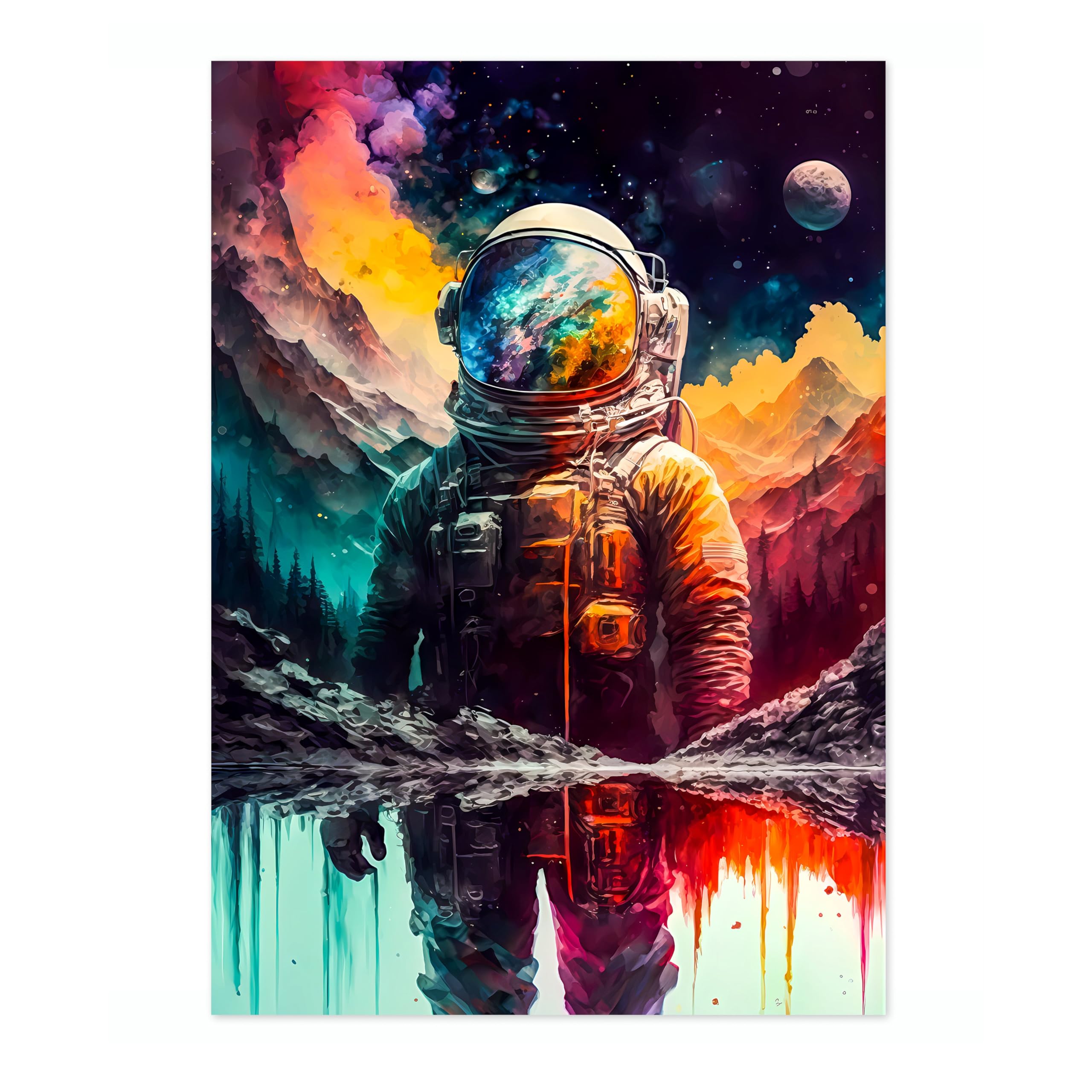 Lone Spaceman Space Poster, Colourful Abstract Astronomy Wall Art Home Decor, Astronaut Planets Print, Archival Matte, A3 (Print Only) - 42x29.7cm — image 1