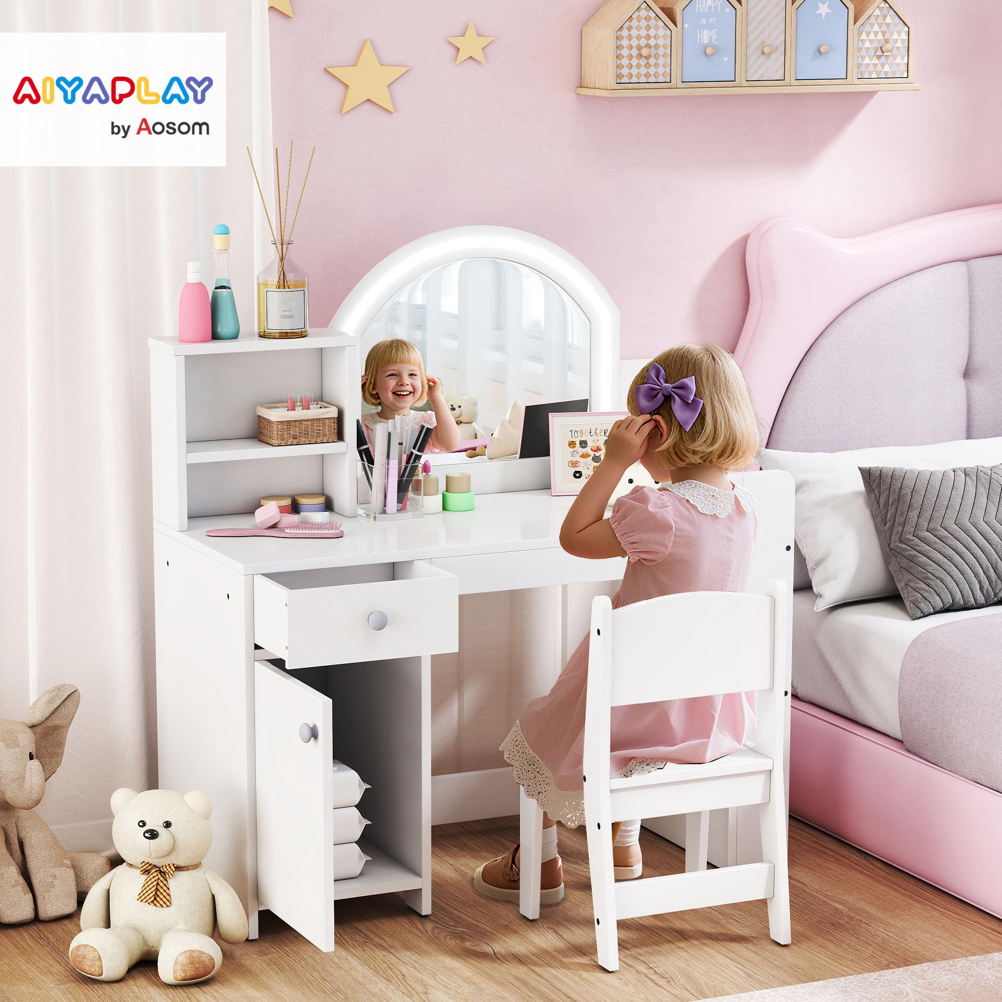 AIYAPLAY Tocador de Maquillaje Niña, Tocador Infantil con Taburete y Espejo con Luces LED, 1 Cajón, Armario y 5 Estantes, para Niños de 3 a 8 Años, Blanco