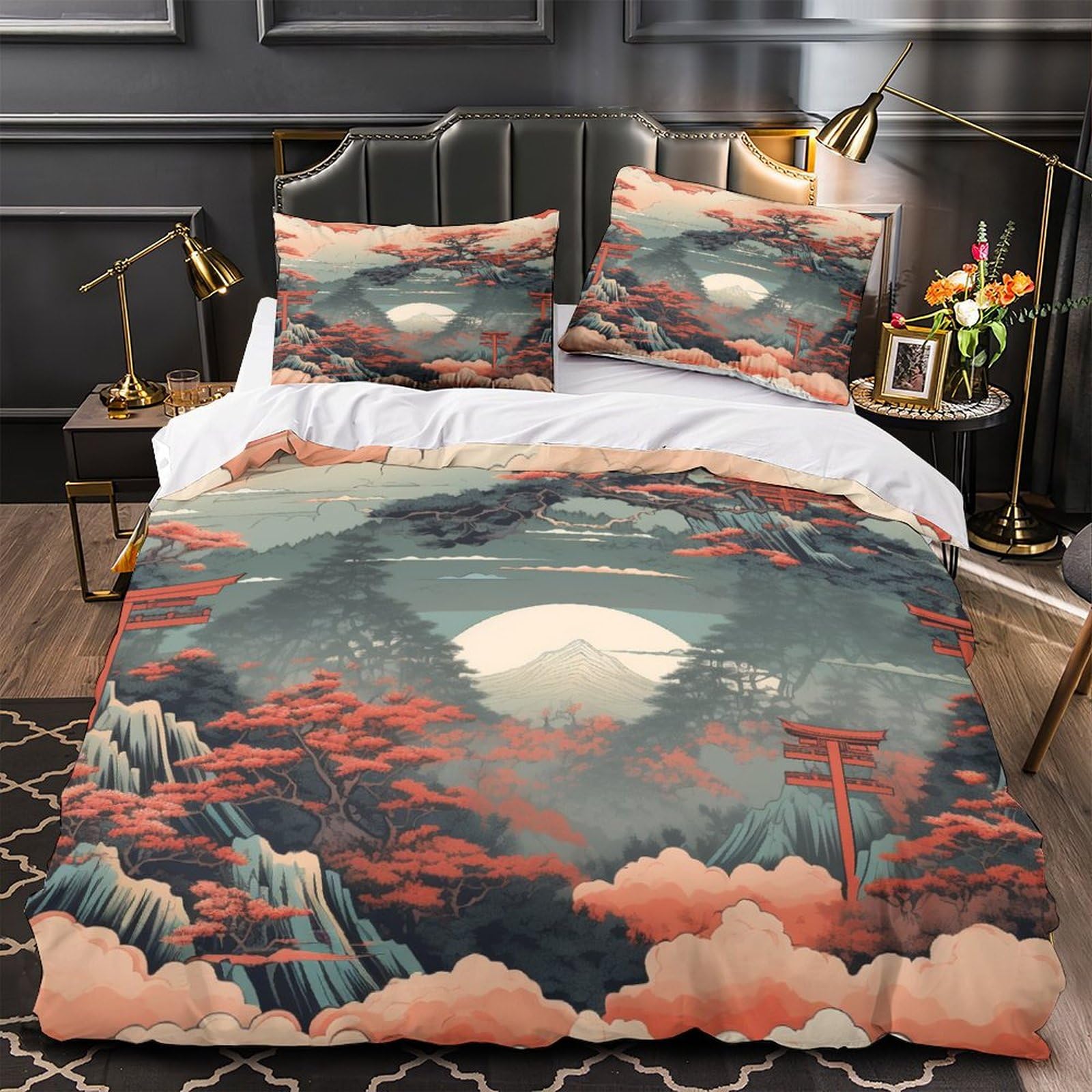 Copripiumino Stile Giapponese Ukiyo-e 3D - Set Biancheria King 220x240cm Con Federe