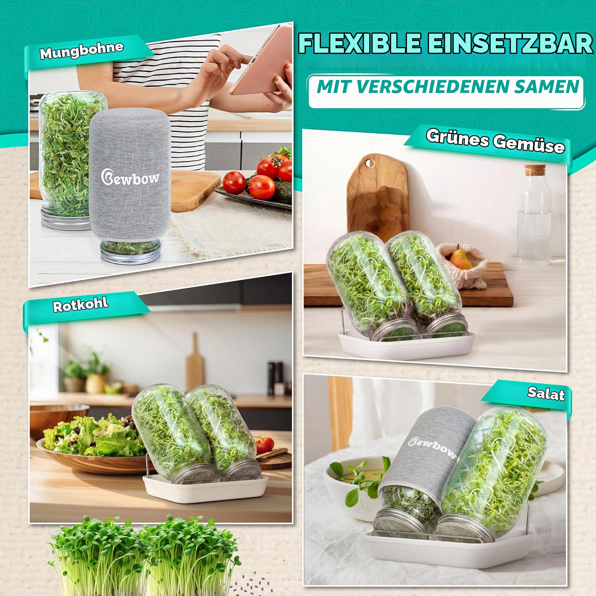 Große Größe: 2000 ml Saatgut-Keimglas-Set mit Ständer, Ablaufschale, Bildschirmdeckel, Verdunkelungshüllen, gute Belüftung und Drainagekapazität, Anbau von frischen Bio-Mungbohnen, Brokkoli und