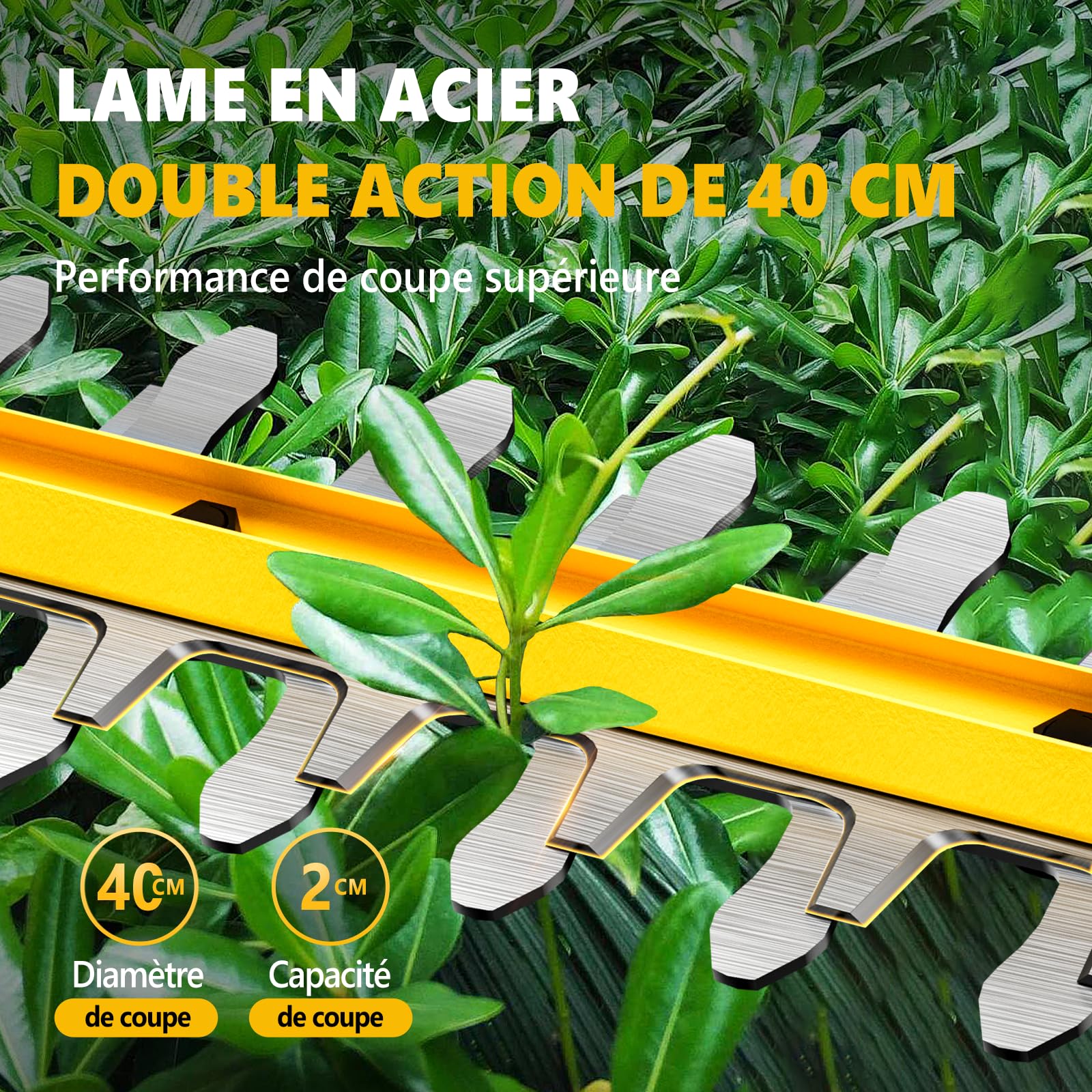 Alloyman Taille-Haie sans Fil Télescopique 20V Max sur Perche, Lame 40 cm, 2 Batteries 4,0 Ah et Chargeur, Manche Réglable 2,4 m pour Haies et Arbustes