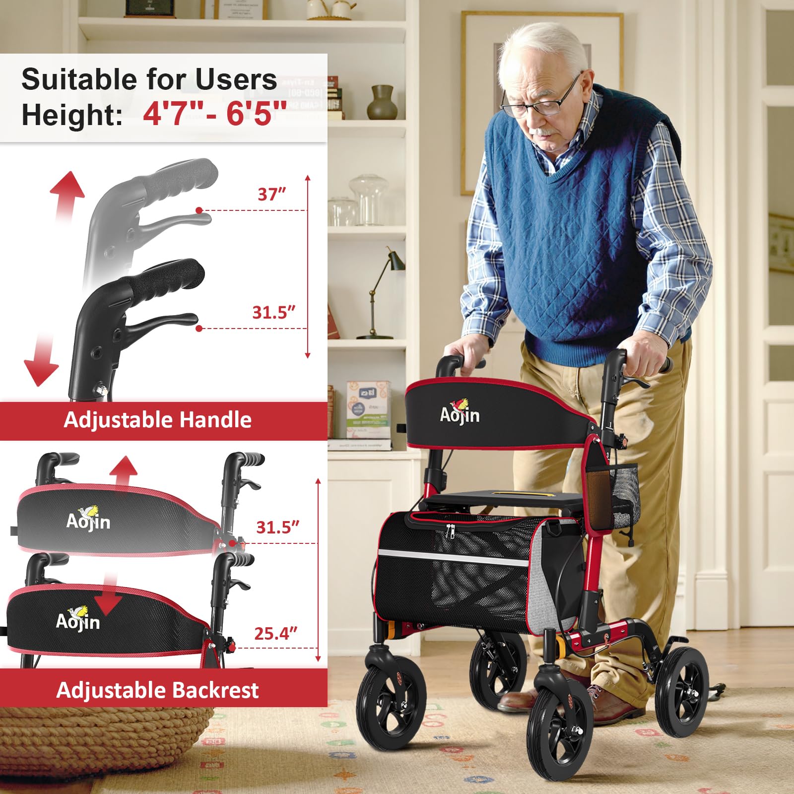 Andador rodante para personas mayores, ligero, plegable, todo terreno con asiento, andadores de aluminio con ruedas de goma de 8 pulgadas, asas y respaldo para personas mayores y adultos (rojo)