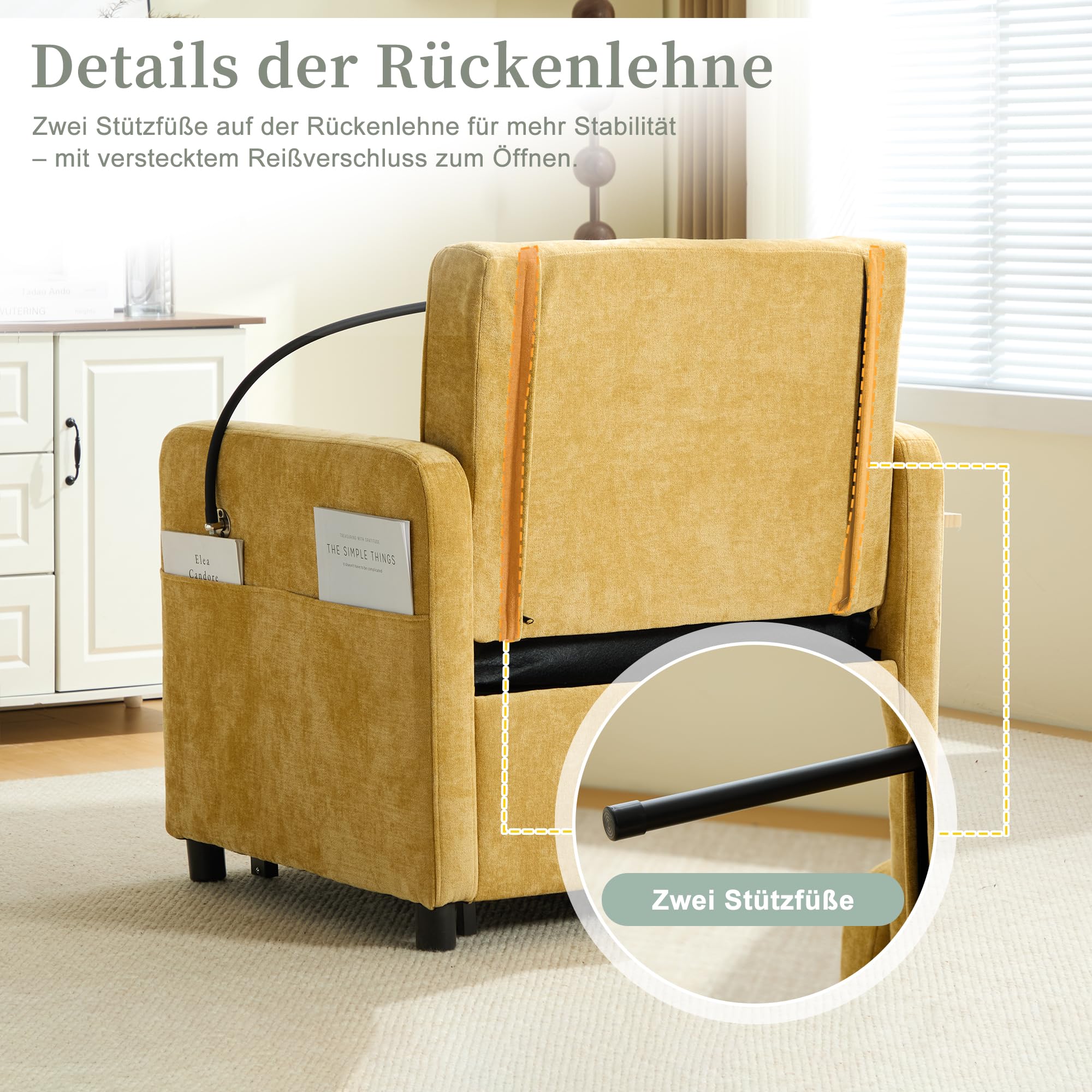 Sofá cama individual multifuncional de chenilla, sofá plegable con función de dormir, silla de sofá con mesa auxiliar pequeña y bolsa de almacenamiento, para salón y dormitorio, color amarillo