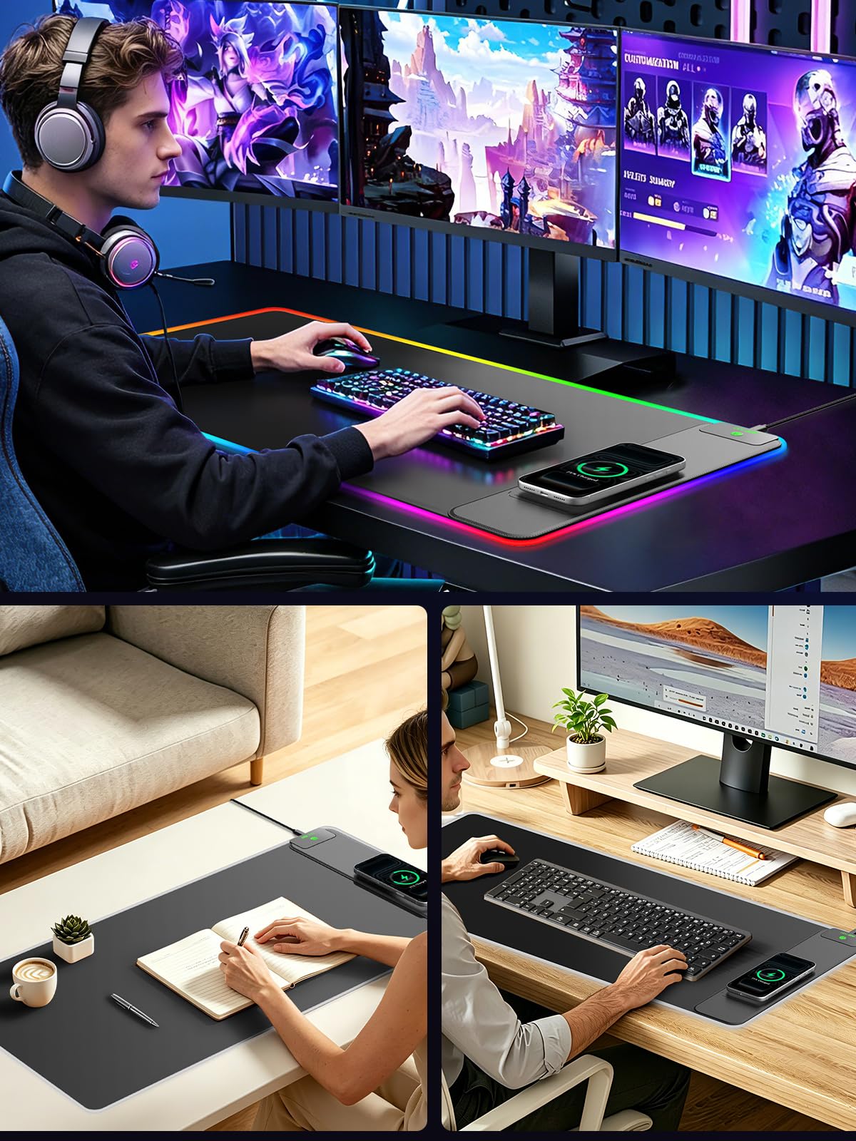 Tappetino per mouse da gioco RGB 2 in 1 con ricarica wireless per telefono, 80 x 40 cm, 24 effetti di luce, base antiscivolo, superficie ultra liscia impermeabile, nessun adattatore