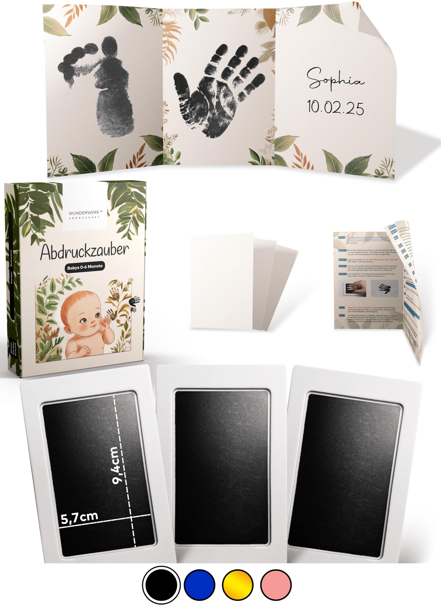 ABDRUCKZAUBER Original Baby Abdruckset 0-6 Monate I schwarzes Handabdruck Set & Fußabdruck Baby I Personalisiertes Geschenk Baby I Inkl. 3 Stempelpads, 3 Abdruckkarten & 1 liebevolle Faltkarte