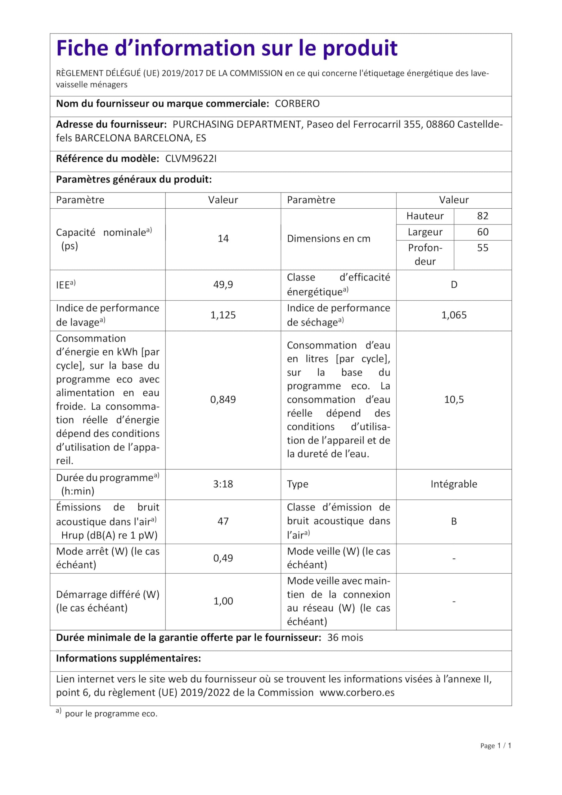 Corberó CLVM9622I Lavavajillas Integrables 14 Cubiertos, 8 Programas, 5 Temperaturas, Inverter, Inicio Diferido, Función Media Carga, 3ª Bandeja, Función Auto Lavado, Auto Door, 47 Db, E. Energética D