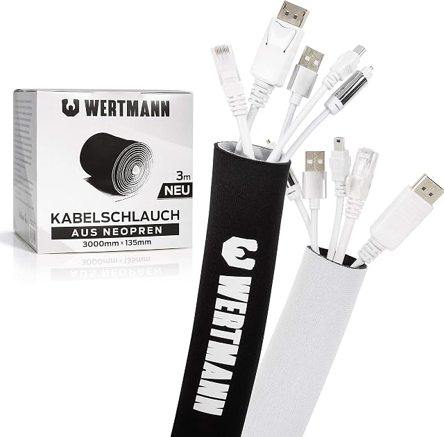 Wertmann neoprene cable organisers [3m] for TV cable management or PC cable management - adjustable diameter - suitable as flexible desk cable trunking or as cable protection - wire tidy black/white