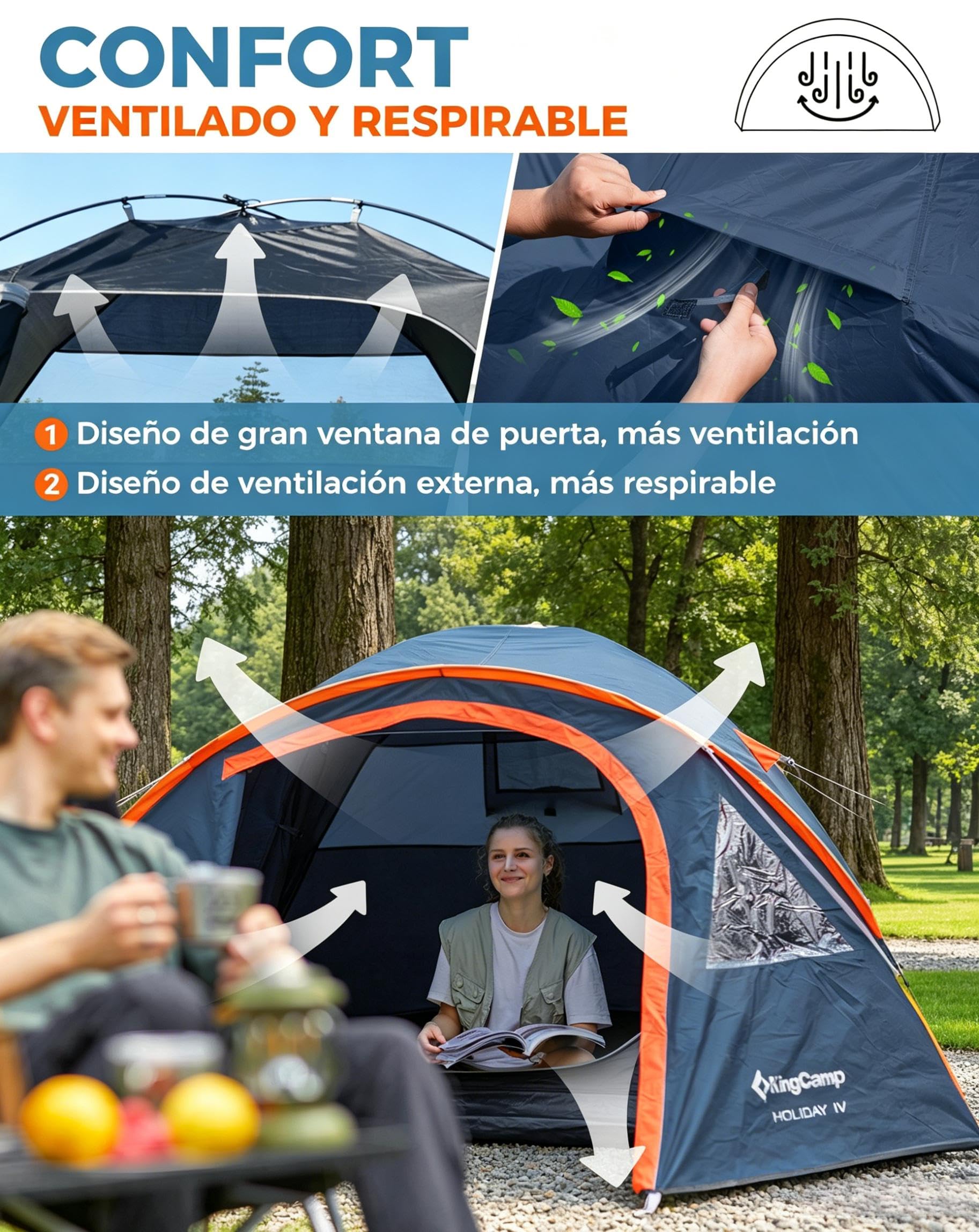 KingCamp 3-4 Personas Tienda Impermeable 3000mm Tienda Camping con Porche y Ventana PVC, Tienda Cúpula Doble Capa con Vestíbulo para Festival, Acampada Familiar, Jardín