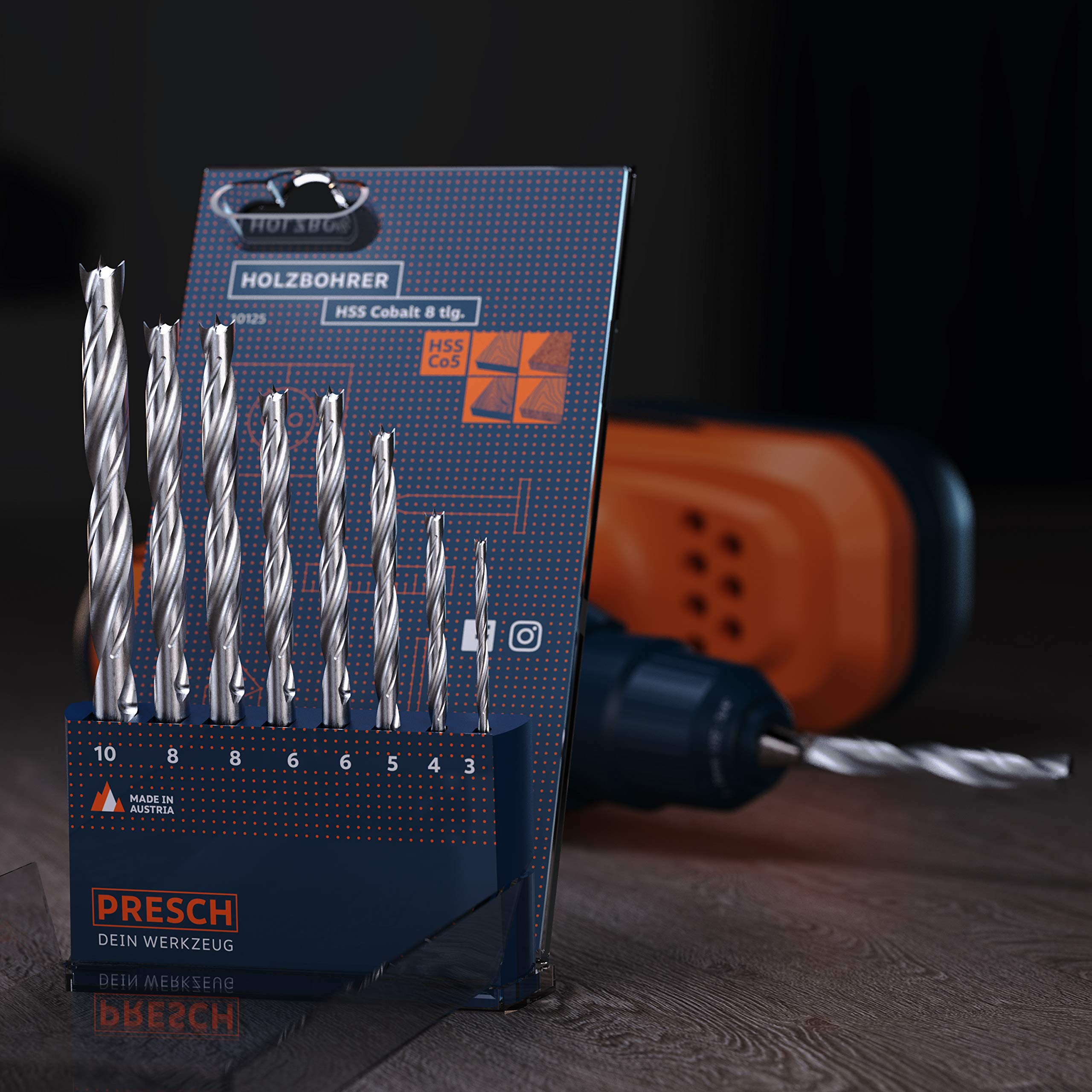 Presch Brocas Madera de HSS Cobalto 8 pzas. - Juego Brocas Profesional en Espiral con Aleación de Cobalto para Todo Tipo de Madera - Brocas Ø 3-10mm