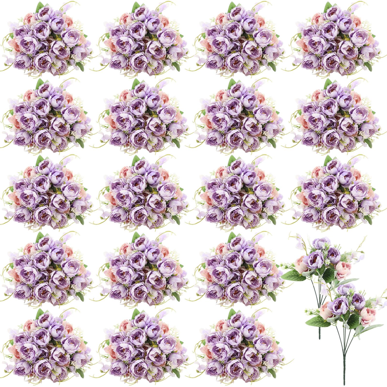 Jexine 40 Pcs Fake Artificial Flowers Peony Silk Flowers Vintage Peonies Artificial Flowers Faux Artificial Flower Bouquet for Wedding Home Party Decoration (Purple)