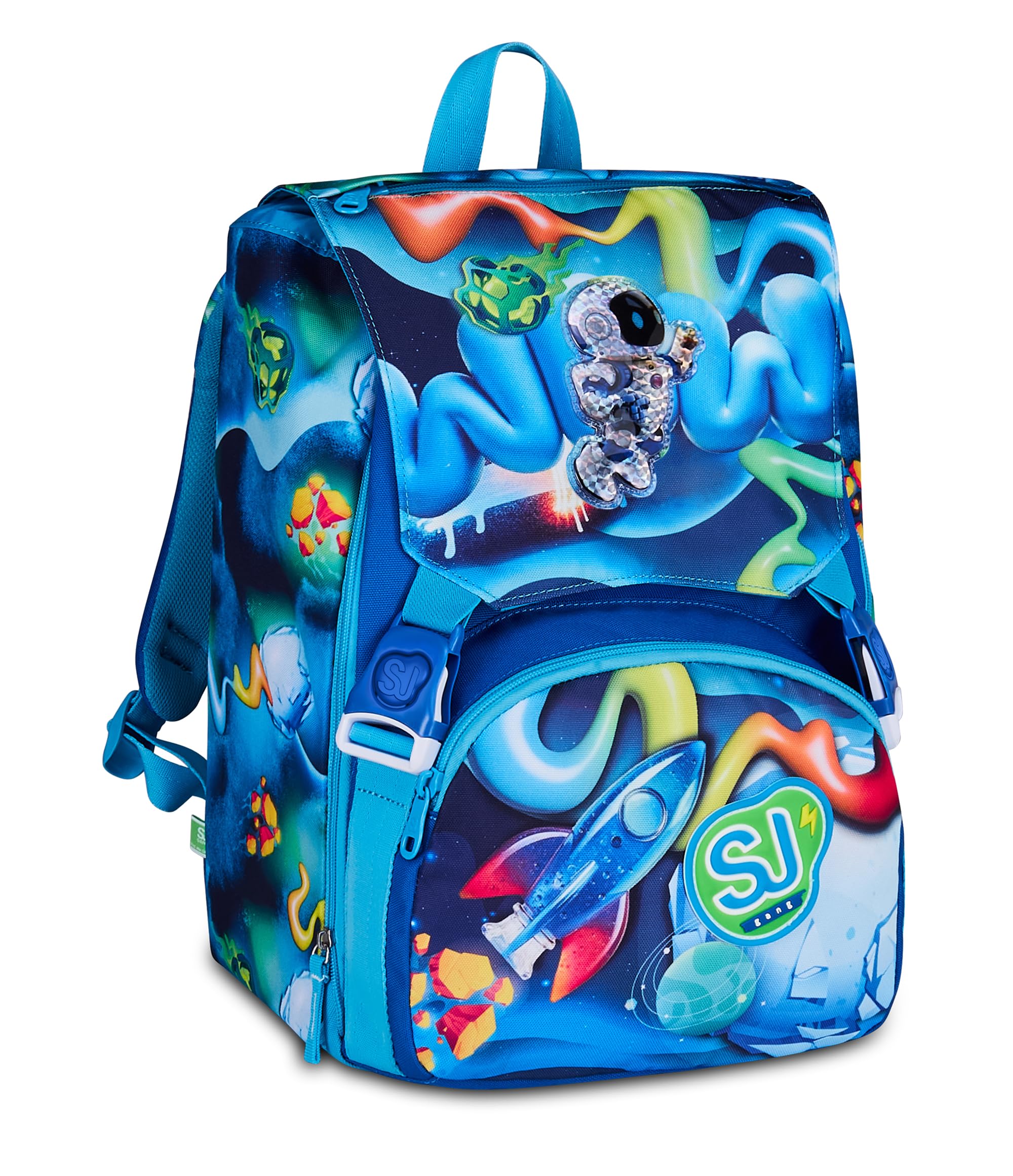 SJ GANG STYLE JAM GANG Zaino Scuola Estensibile SPACE RIDE, Blu, 24L, Zip Laterali, Ali missile a scomparsa, Applicazione astronauta 3D, Tasca frontale, Tasca portaborraccia, Scuola elementare,Bambino