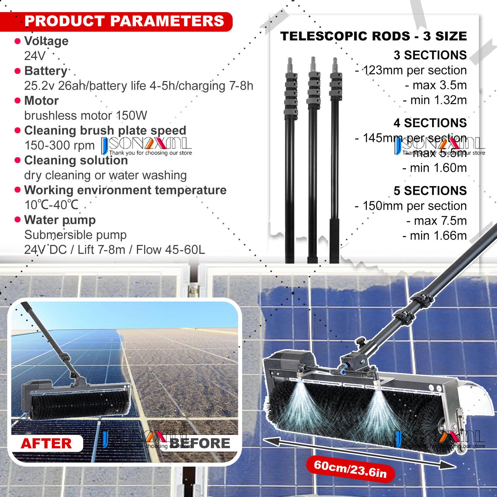Elektryczny zestaw szczotek do czyszczenia paneli słonecznych – 60 cm obrotowa szczotka, drążek podawany wodą, kamizelka odblaskowa, zapasowa głowica szczotki, wąż 10 m, paski błotne i odchody ptaków