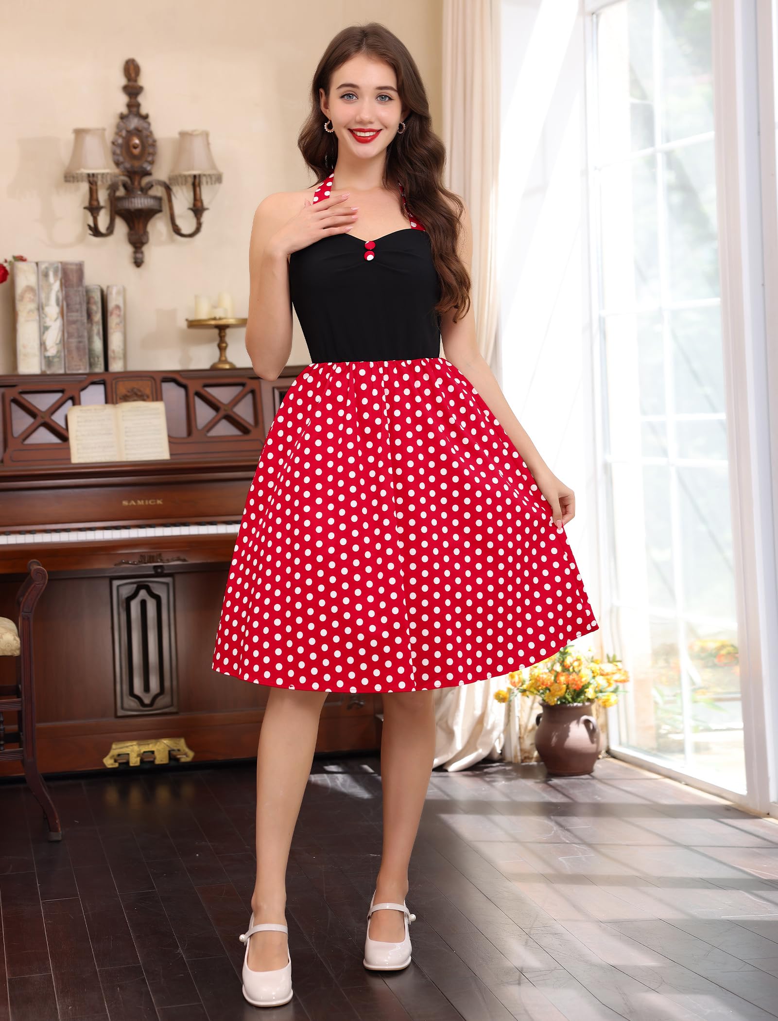 Robe de cocktail rétro pour femme, style années 50, pin-up, dos nu, à pois