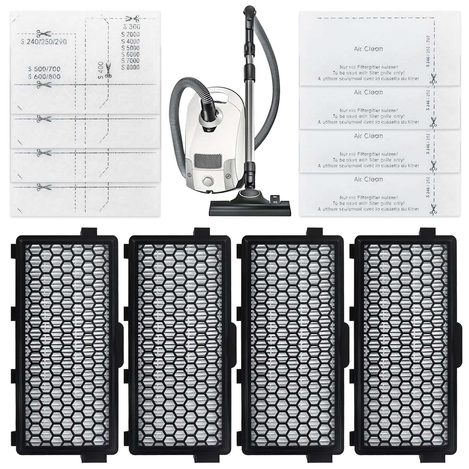 4 Pack Active Air Clean 50 Filter for Miele Vacuum Cleaner Compact C1&C2/Complete C2&C3/S8340,with 4 Motor Protection&4 Exhaust Filter for Miele S4000 S5000 S6000 S8000 Series, C3Filter Absorbs Odours