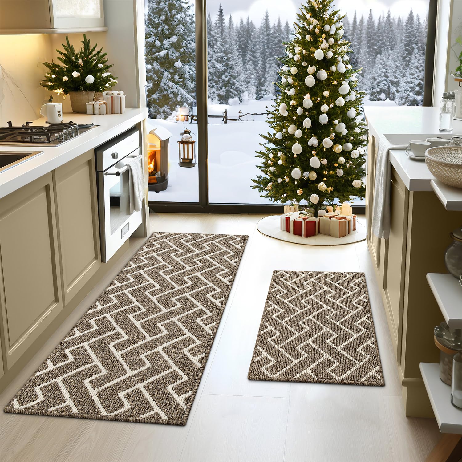hicorfe Kitchen Rugs and Mats Sets,2 Pieces Super Absorbent Polypropylene Non-Slip Rug,Soft Comfort Floor Mat,Machine Washable Kitchen,Hallway,Office,Sink,Laundry?20" x 31.5" Plus 20" x 48",Beige?