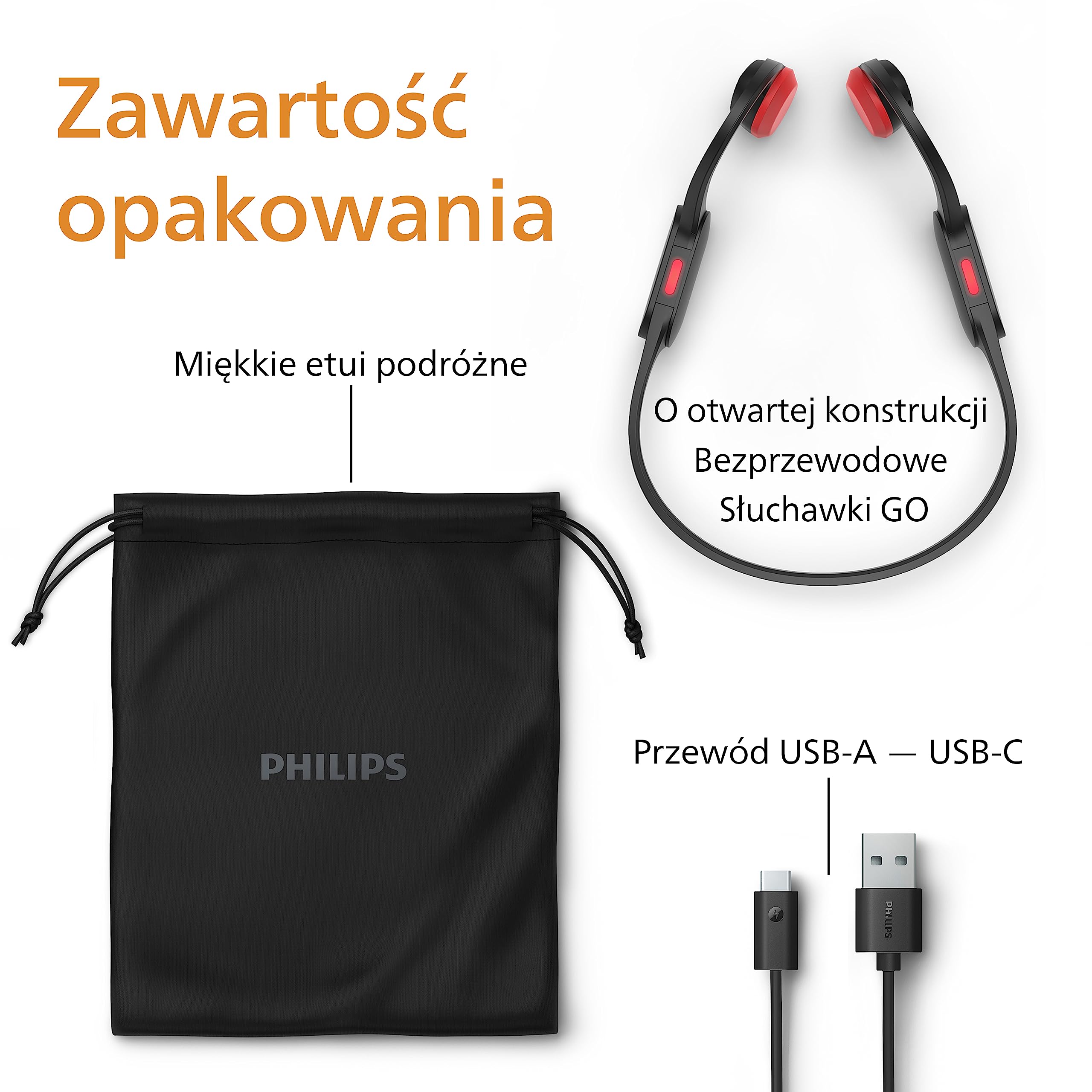PHILIPS TAA5608BK/00 Bezprzewodowe Słuchawki Sportowe Otwarta Konstrukcja | Przewodzenie Kostne | Dźwięk Bluetooth LE i LC3 | Wodoodporność IPX5 | 6 h Odtwarzania | Diody LED | Mikrofon | Czarne
