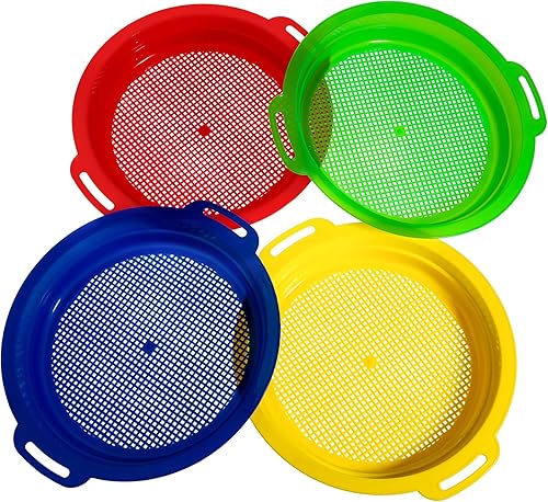 Skylety Juego de 4 tamices de arena para playa de 9.75 x 8.75 pulgadas, juego de regalo rojo, azul, amarillo, verde para niños y niñas