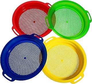 4 Pieces Sand Sifter Sieves for Sand Beach 9.75 x 8.75 Inch Plastic Beach Sand Sifter Pan Sand Strainer Toys Red Blue Yellow Green Present Set for Boys Girls Sand Shell Sifter