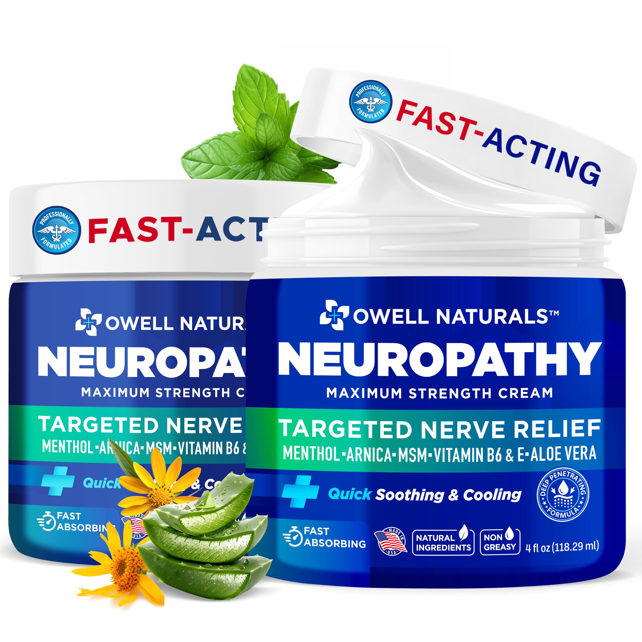 Owell Naturals Neuropathy Cream Extra Strength – Fast Absorbing Cooling for Leg, Feet &amp; Hands – Advanced Soothing Formula with Aloe Vera, Arnica, MSM &amp; Vitamin B6 – Made in USA, 4 fl oz