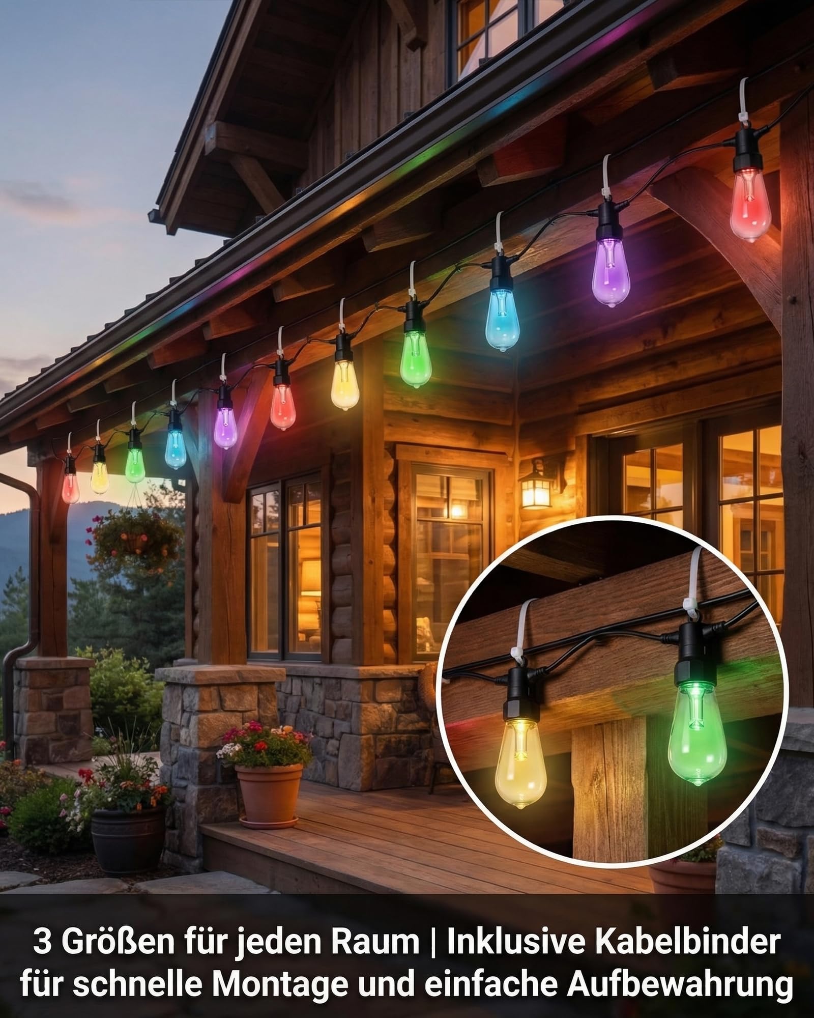 RGBW Lichterkette Außen 15M mit 20 LED Lampen,Smart Gartenbeleuchtung mit App & Fernbedienung,Musik Synchronisation,Dimmbar,Timer,IP65 Wasserdicht,Farbwechsel für Balkon,Terrasse & Pergola