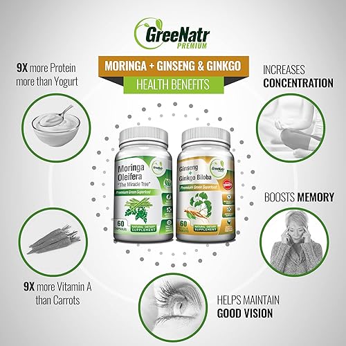 Miniatura 4 de GreeNatr Focus an Energy Bundle Ginseng + Ginkgo Biloba Tabletas + Cápsulas de Moringa Oleifera - Potenciador de energía tradicional y sacapuntas