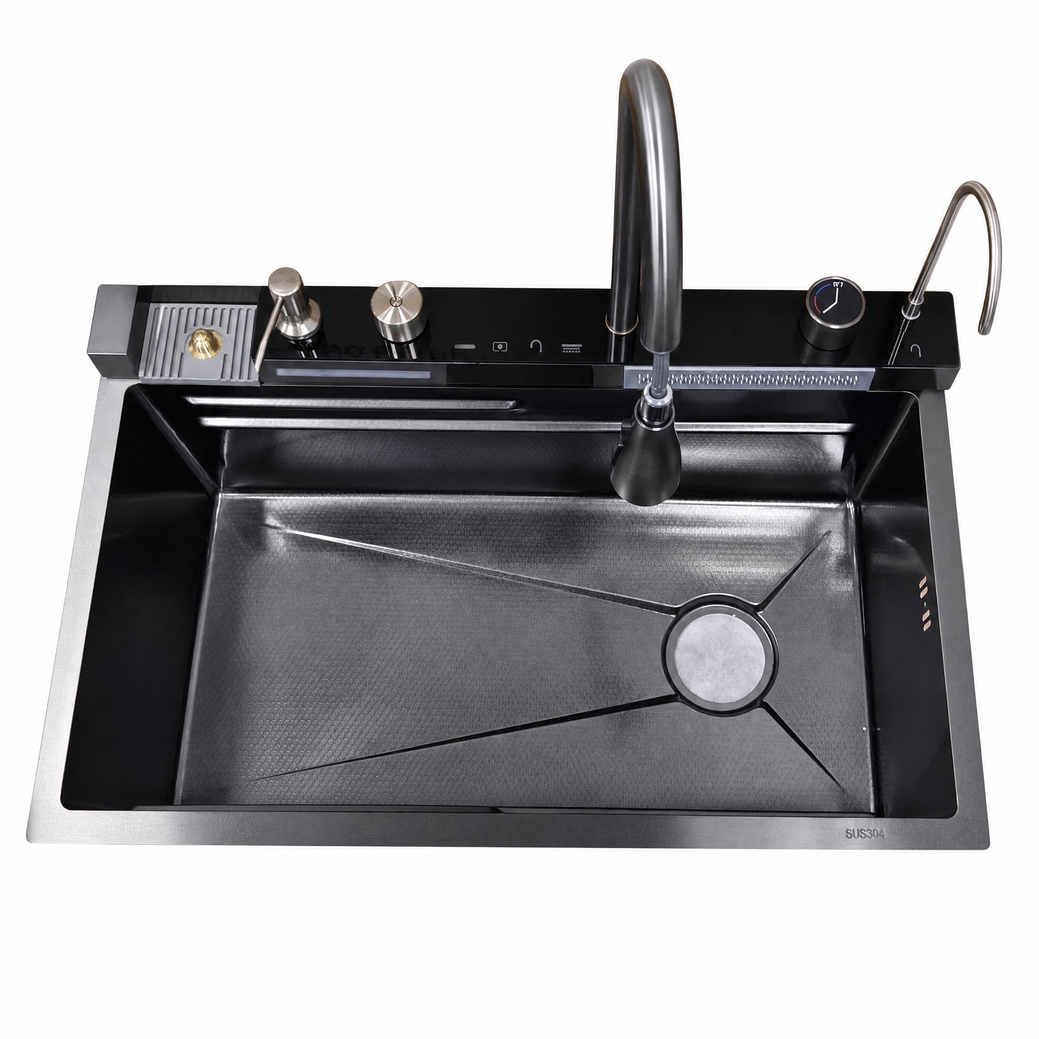 Spülbecken Schwarz 80 x 45cm Waschbecken Küche, 1 Becken Einbauspüle Edelstahl mit R-Abfluss, Nano-Oberfläche, Spülbecken mit Armatur Inkl Siphon & Über