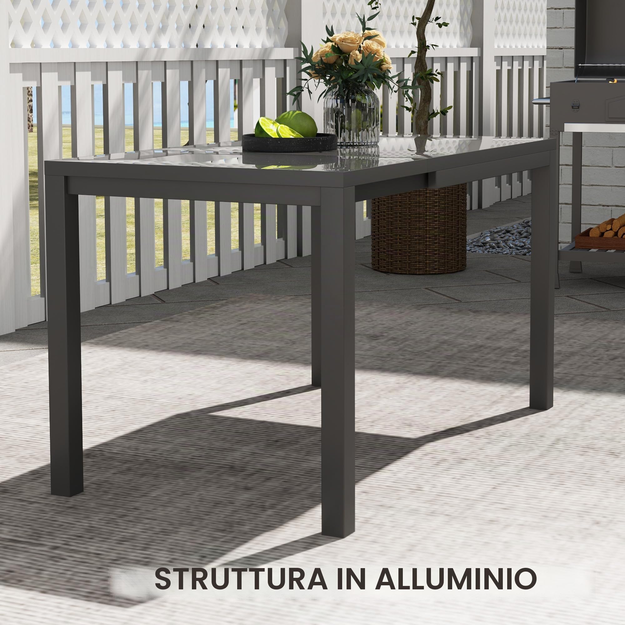 Outsunny Tavolo da giardino allungabile Tavolo da pranzo regolabile per esterni 85-125 cm con bordo in alluminio Carico 70 kg Tavolo rettangolare per 4-6 persone per terrazza Patio Grigio scuro