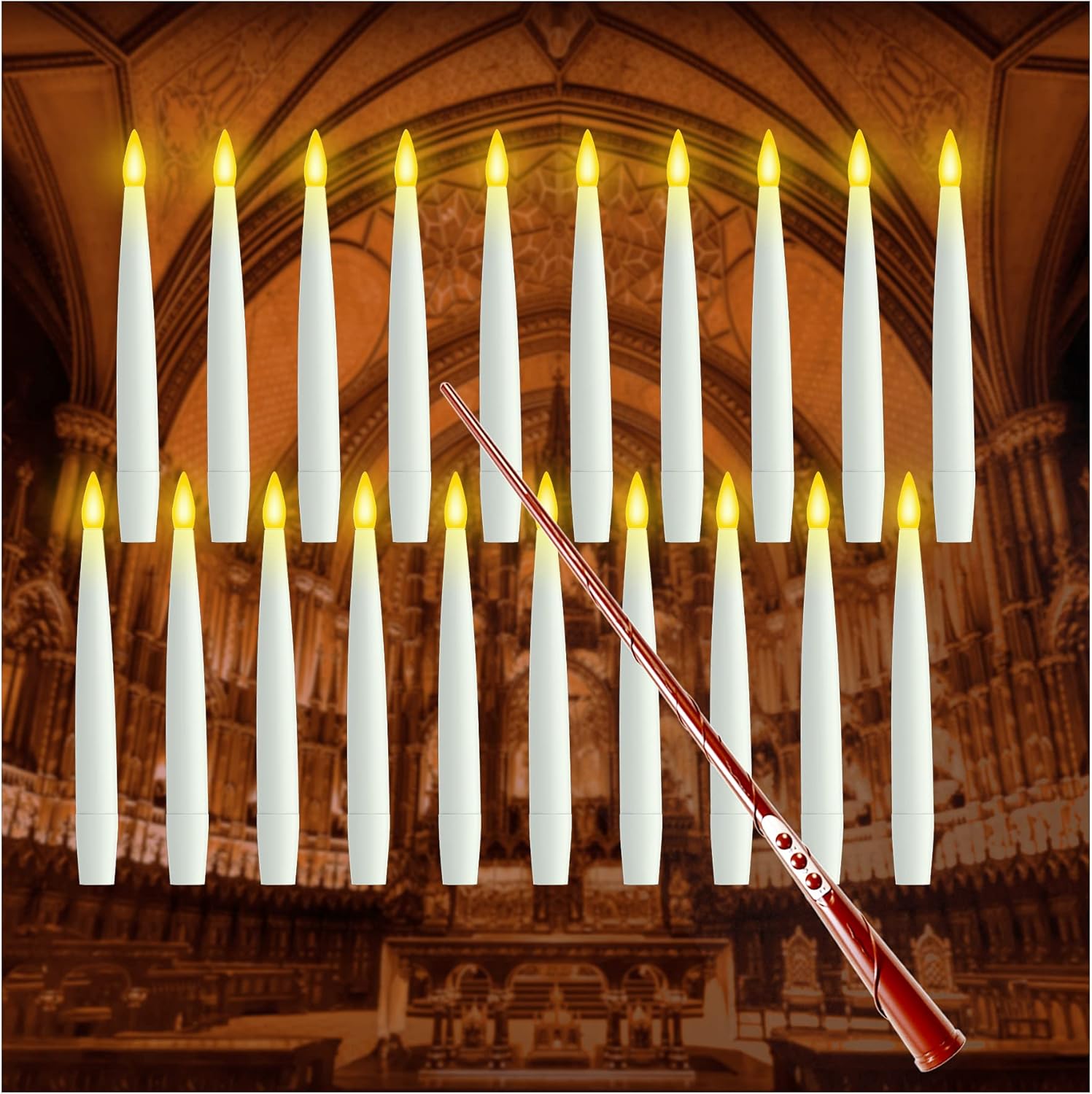 JMTONE Flickering Warm Light Flameless Floating LED Candle with Wand Remote Battery Operated Window Taper Candle Set Theme Party Birthday Gift Halloween Decorations Floating Candles 12 PCs White 12 PCs with Battery