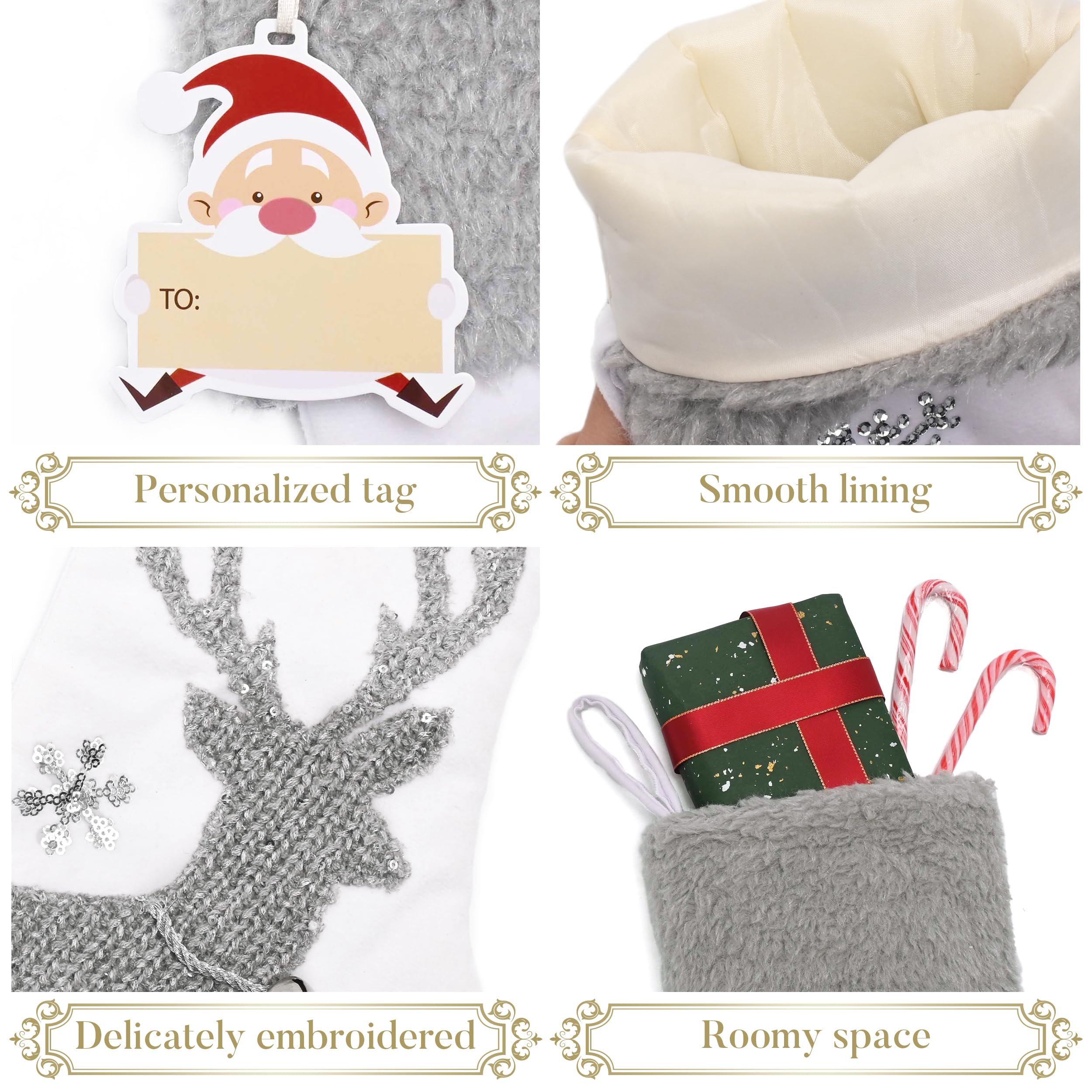 Valery Madelyn Lot de 2 chaussettes de Noël blanches argentées de 53,3 cm, en peluche exquise avec broderie d'élan pour cheminée, décorations de Noël et cadeaux de Noël