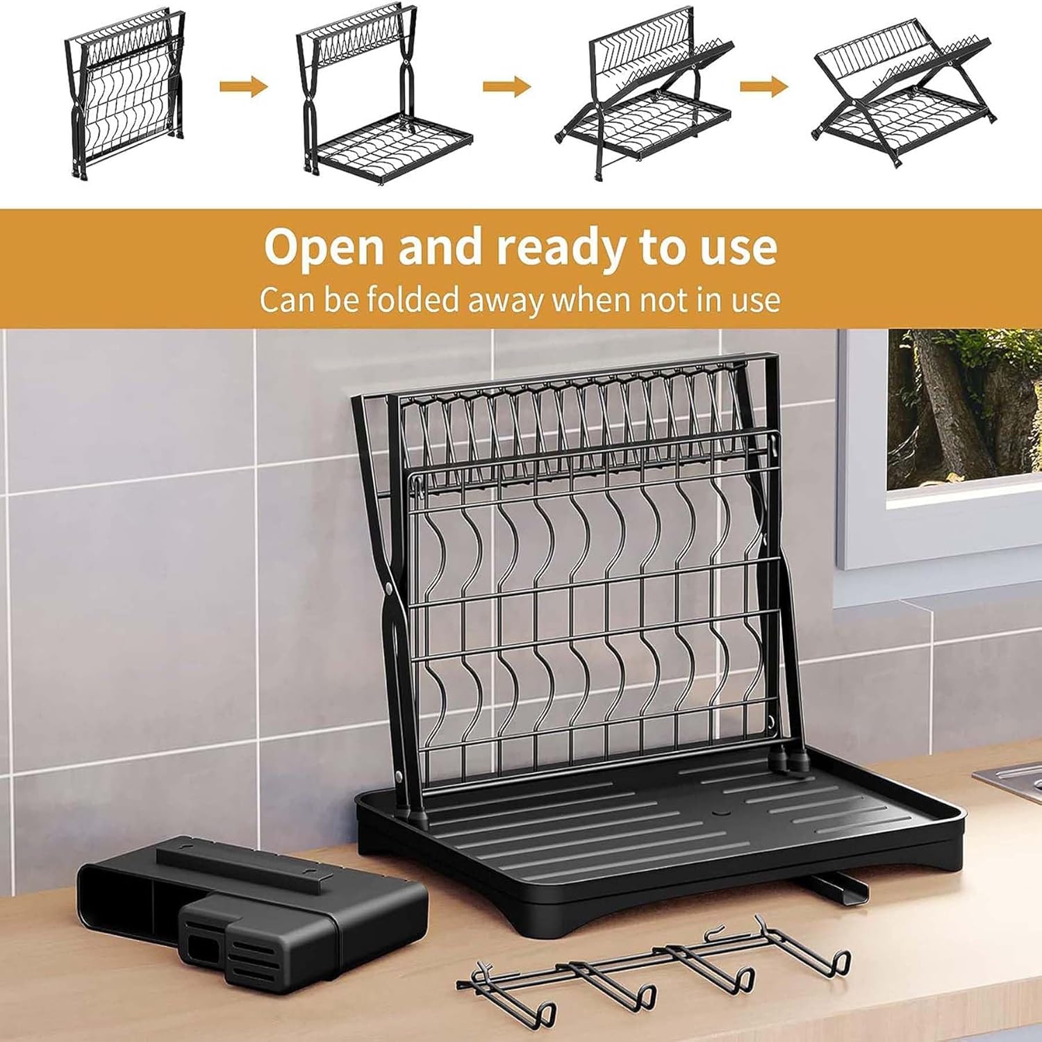 折りたたみ式食器乾燥ラック 排水板付き 2段式食器ラック キッチンカウンター用 ステンレススチール製 折りたたみ式食器乾燥ラック 調