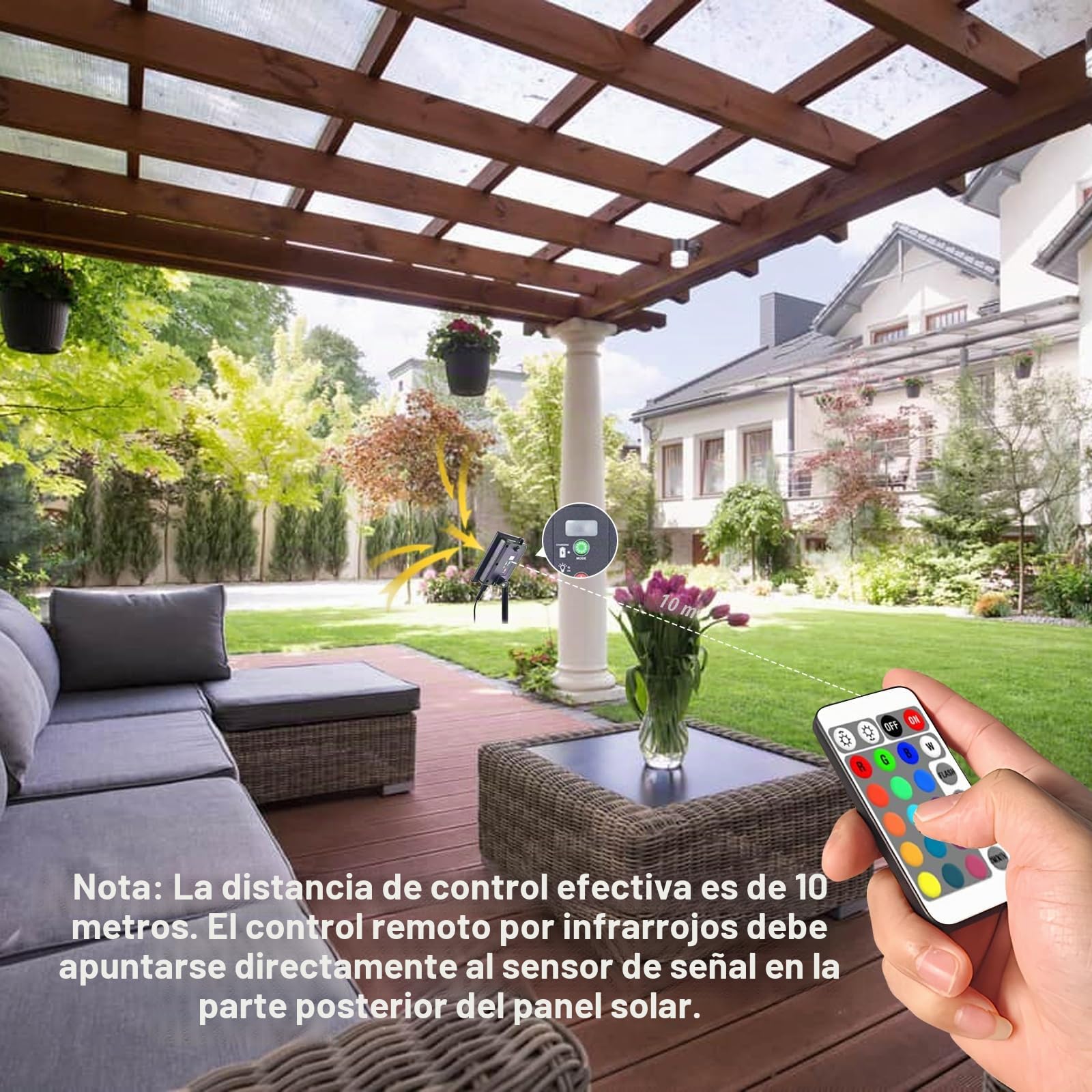 Tira de luz LED RGB de 15 metros de largo, funciona con energía solar, con parte trasera autoadhesiva, con función de encendido/apagado automático, entrega con mando a distancia y temporizador, ideal
