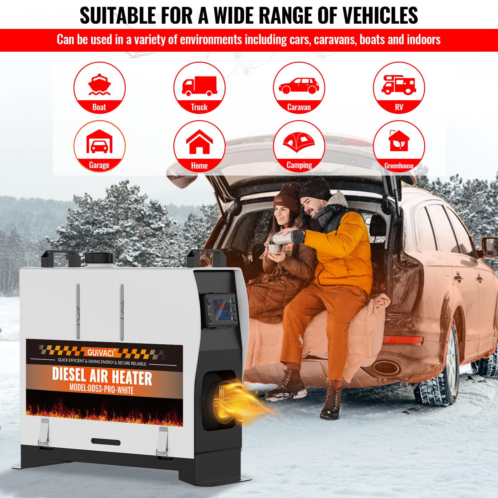 Chauffage Diesel 8 kW, Réchauffeur d'Air Diesel 12V/24V & 110-240V, Vertical Tout-en-Un Portable, avec Télécommande et Écran LCD, Faible Bruit, 0,16-0,62 L/h, 20-25 m², pour Camping-Car, Camion, Bus