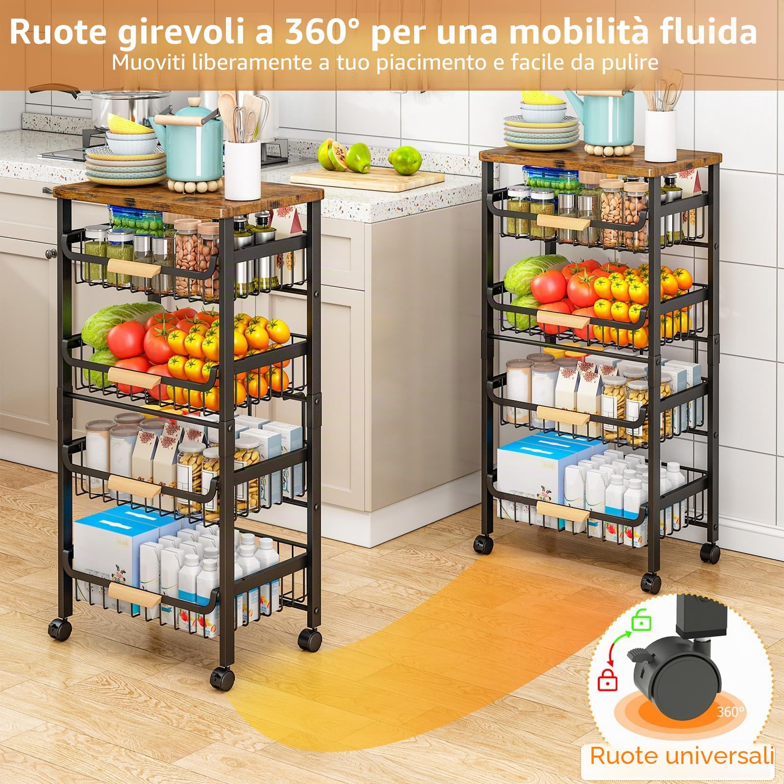 Carrello da cucina a 5 ripiani con ruote, scaffale per verdure con piano in legno, cestini impilabili e 4 ruote girevoli (2 bloccabili), carrello da portata mobile per cucina, dispensa