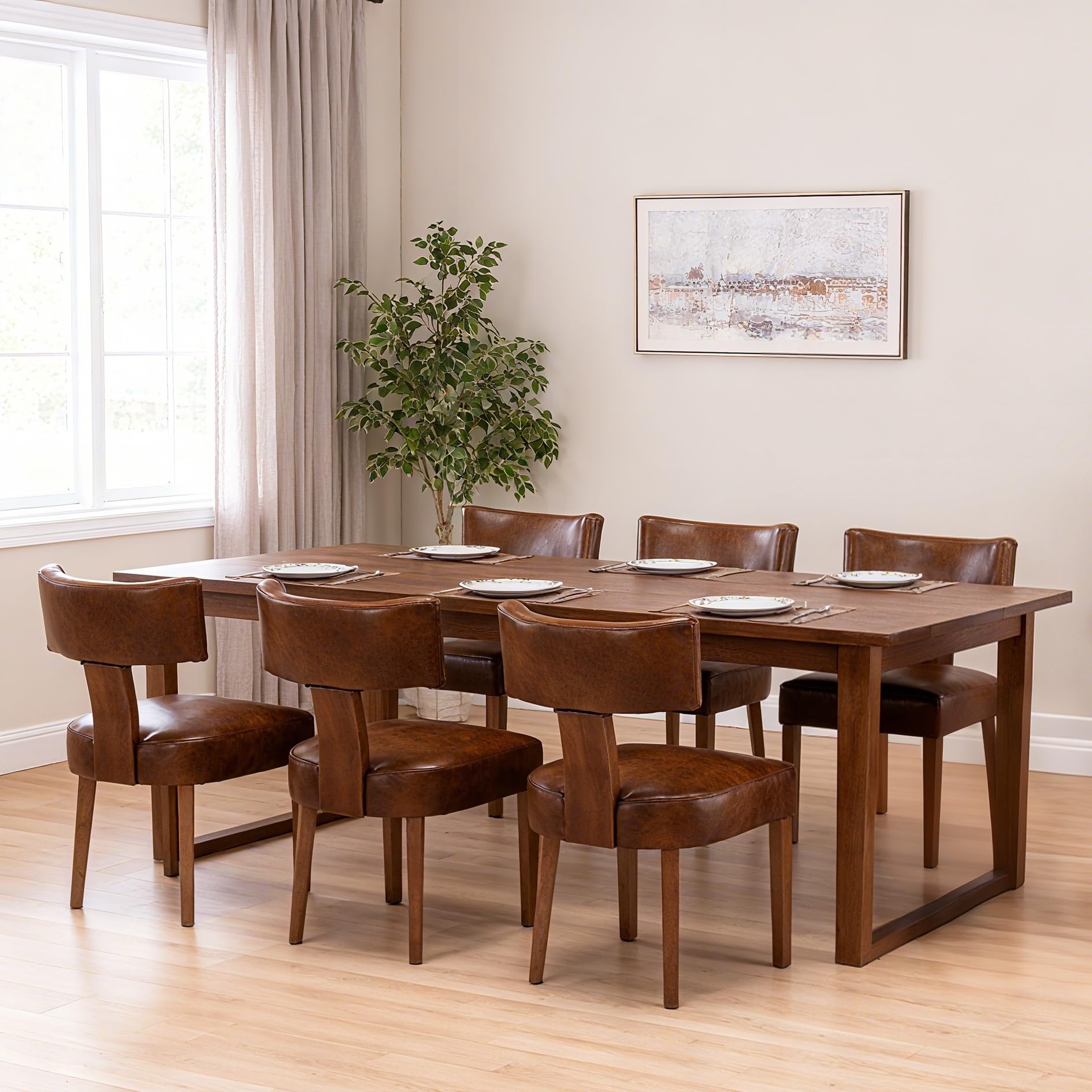 RIVOVA Mid Century Modern Dining Chairs Set of 6 PU Leather Upholstered Side Chairs, Modern Kitchen Armless Parson Chairs Solid Wood Dining Chairs,