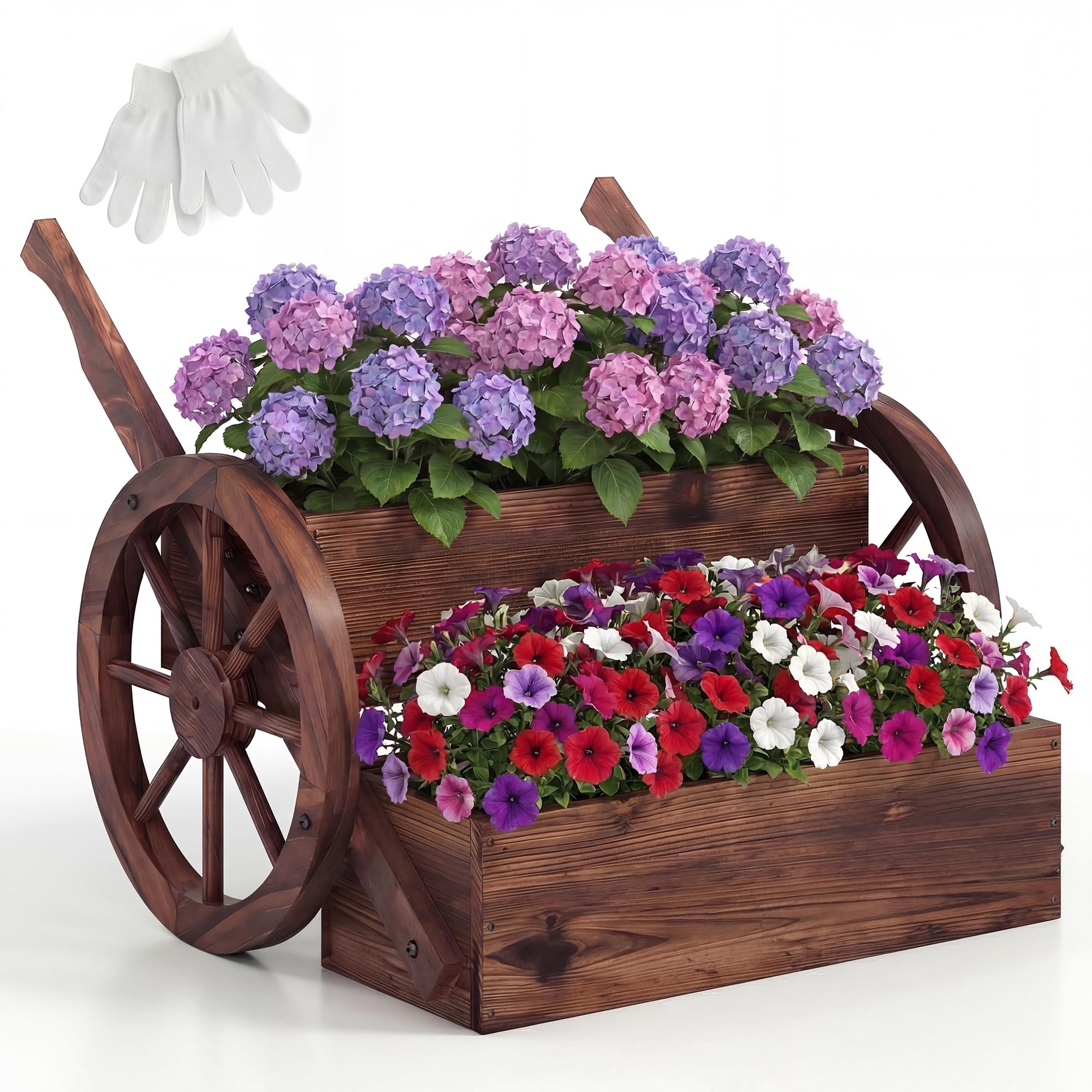 TANGZON Wood Wagon Planter, 2-Tier Raised Garden Bed with Wheels & Drainage Holes, Indoor Outdoor Decorative Wheel Cart Flower Pot Stand (54 x 64 x 50cm, 2 Boxes)