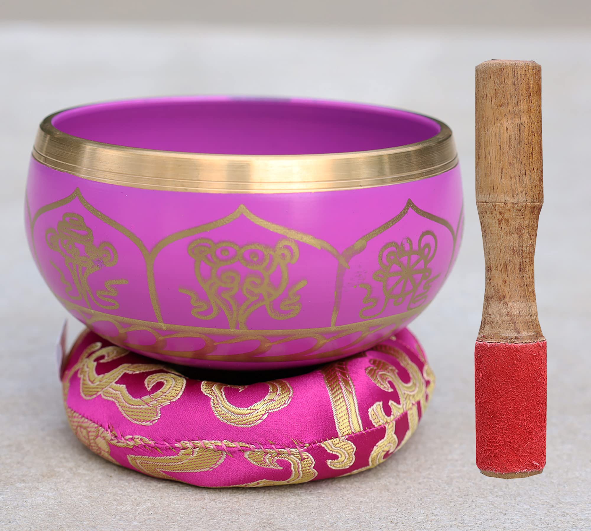 DharmaObjectsTibetan Singing Bowl 8 Lucky Symbols Complete Set ~ For Meditation, Yoga, Spiritual Healing and Mindfulness ~ Medium (Pink)