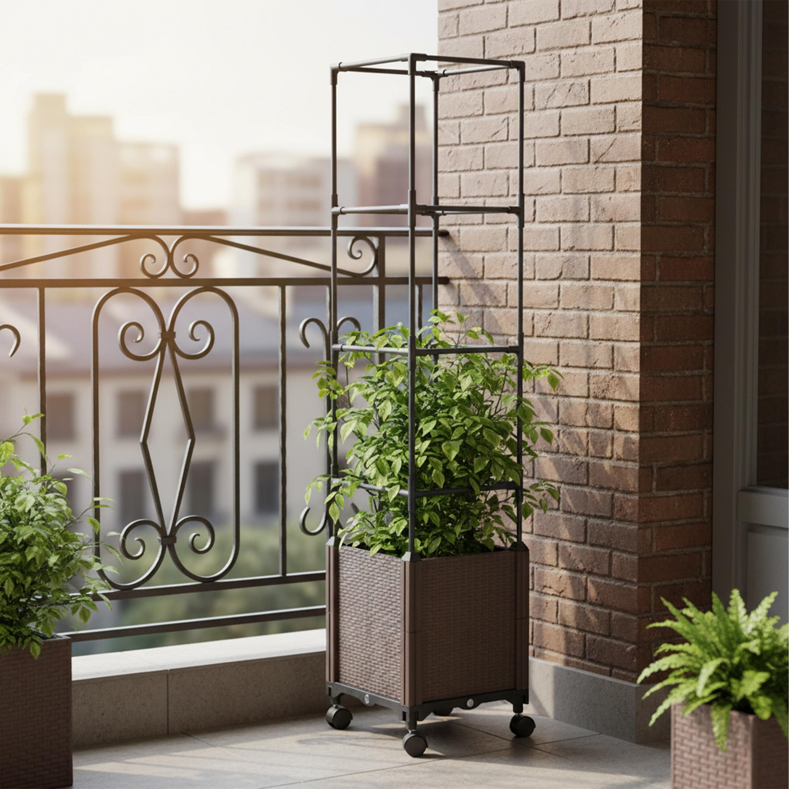 Relaxdays Fioriera con griglia rampicante, Ruote, HxLxP: 135x30x30 cm, plastica, Acciaio, Giardino