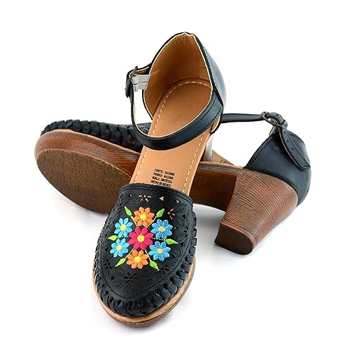 Miniatura 4 de Mexican Leather Shoes with Embroidered Flowers, with heels for Women - Model 102BL (7, Black)