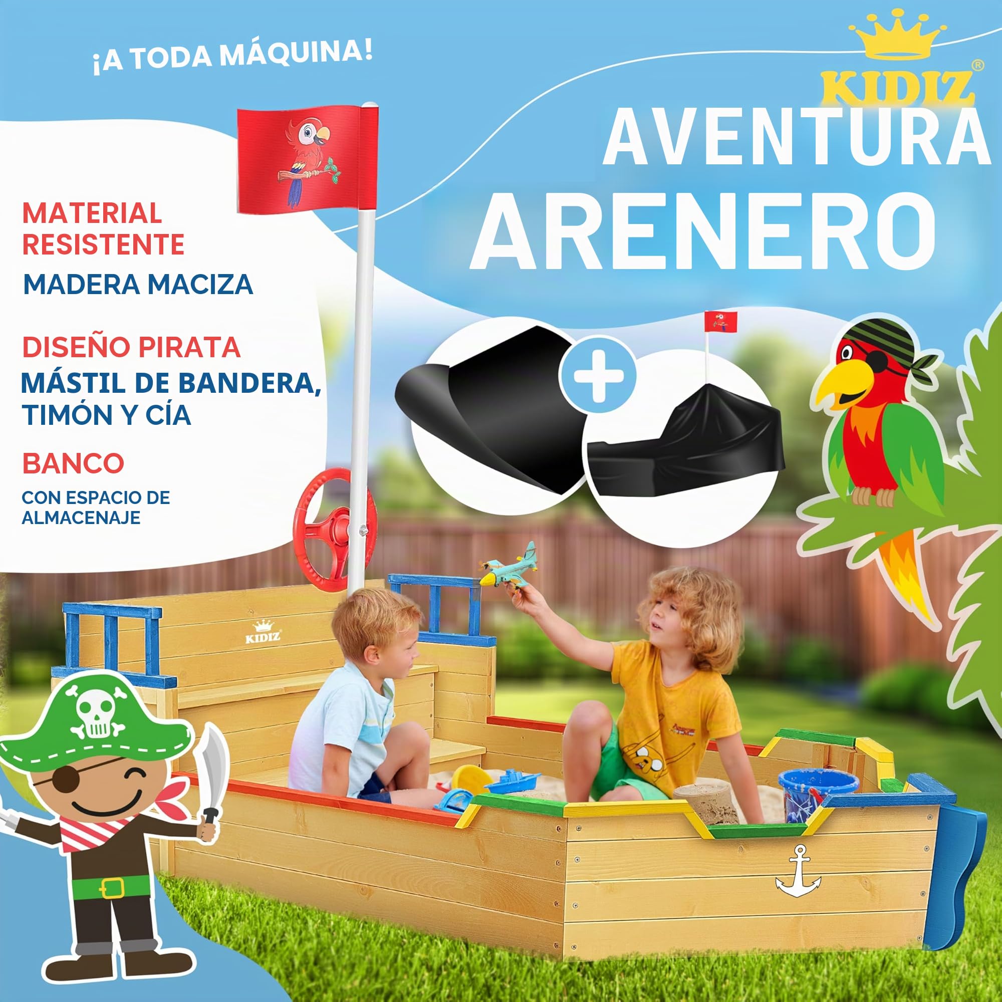 KIDIZ® arenero niños Ahoi, Barco Pirata, Barco de Vela de Madera, Incluye Cubierta, Cubierta de Suelo, Banco, asta de Bandera, Colorido