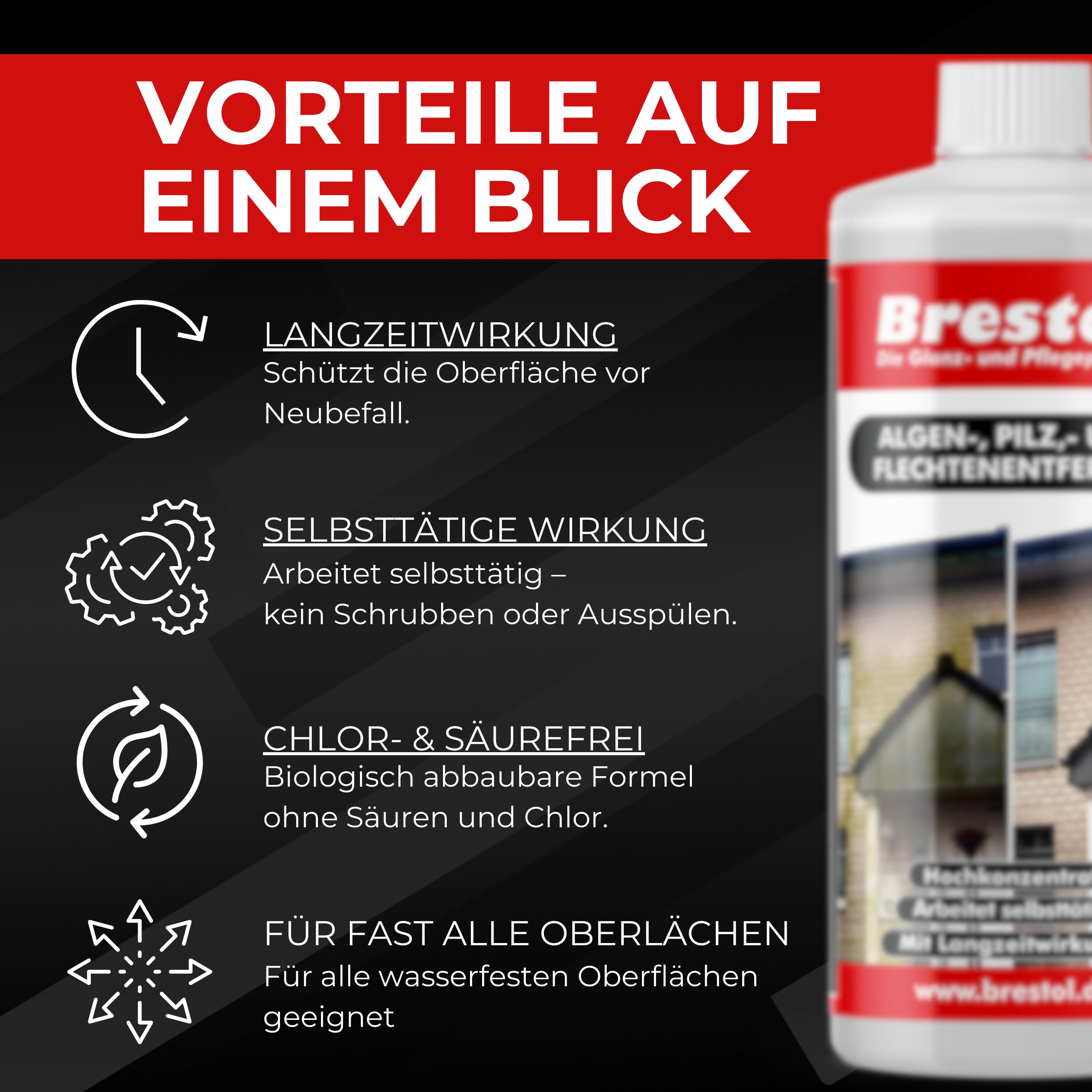BRESTOL® Algenentferner Pilzentferner Flechtenentferner 4x 1000 ml Konzentrat + 7 Liter Drucksprüher säurebeständig - Grünbelagsentferner Grünbelagentferner