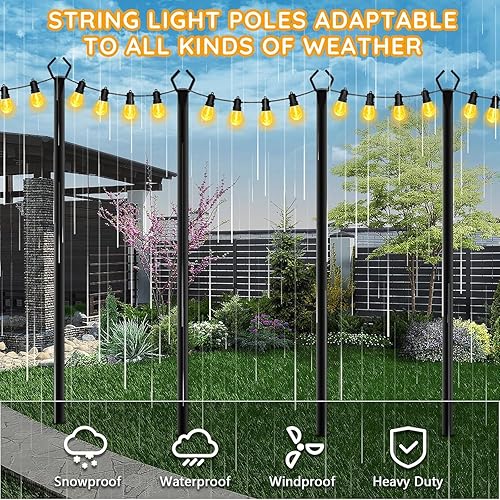 Miniatura 6 de Pack de 6 postes para luces de cadena, poste de luz de cadena para exteriores de 10 pies con horquilla de metal con soporte ajustable para
