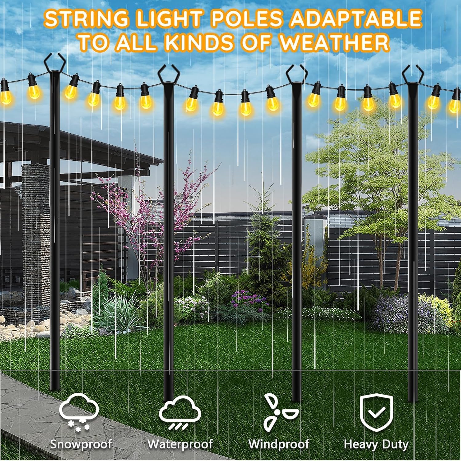 Lot de 6 poteaux pour guirlande lumineuse d'extérieur en métal de 3 m avec fourchette pour guirlandes lumineuses extérieures, poteaux d'éclairage d'extérieur avec fourchette, patio, terrasse, jardin