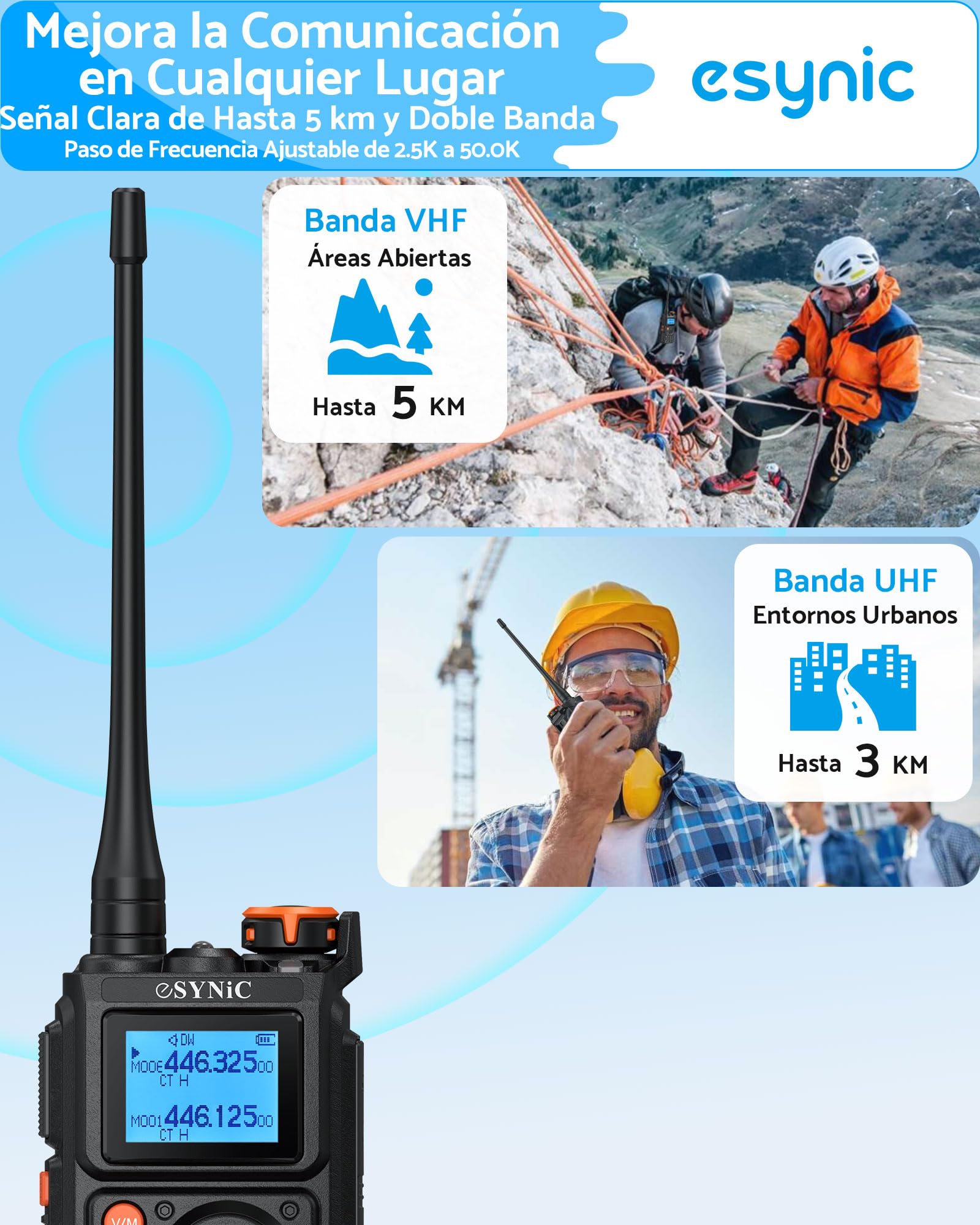 eSynic Walkie Talkies Profesionales de Largo Alcance con 999 Canales Doble Banda Walkie-Talkie con Pantalla a Color Radio Bidireccional Profesional Scrambler Carga USB Tipo C para Exterior Camping — view 3