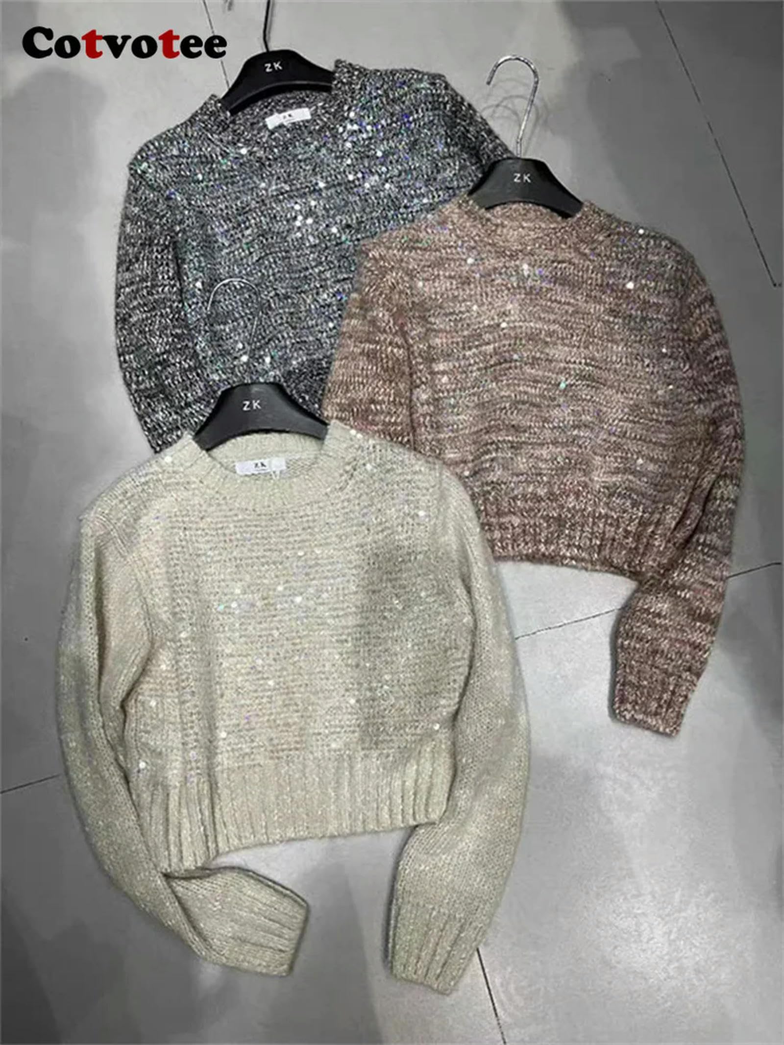 MdybF Damski sweter cekinowy sweter damski na jesień i zimę moda z długim rękawem okrągły dekolt sweter na co dzień dzianinowy sweter retro