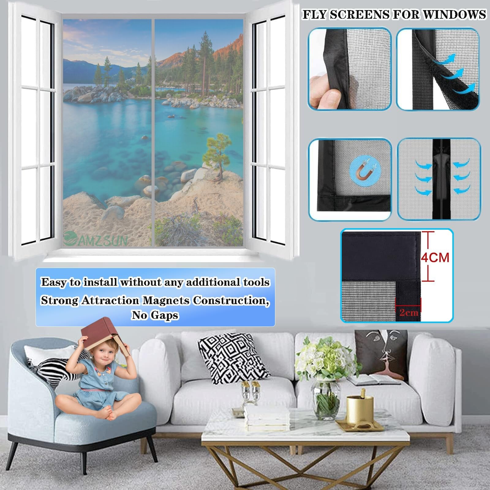 Magnet Fliegengitter Fenster 230x230cm Grau Magneten Fliegenvorhang Insektenschutz Fenster Tür mit Klettband für Balkontür Terrassentür ohne Bohren