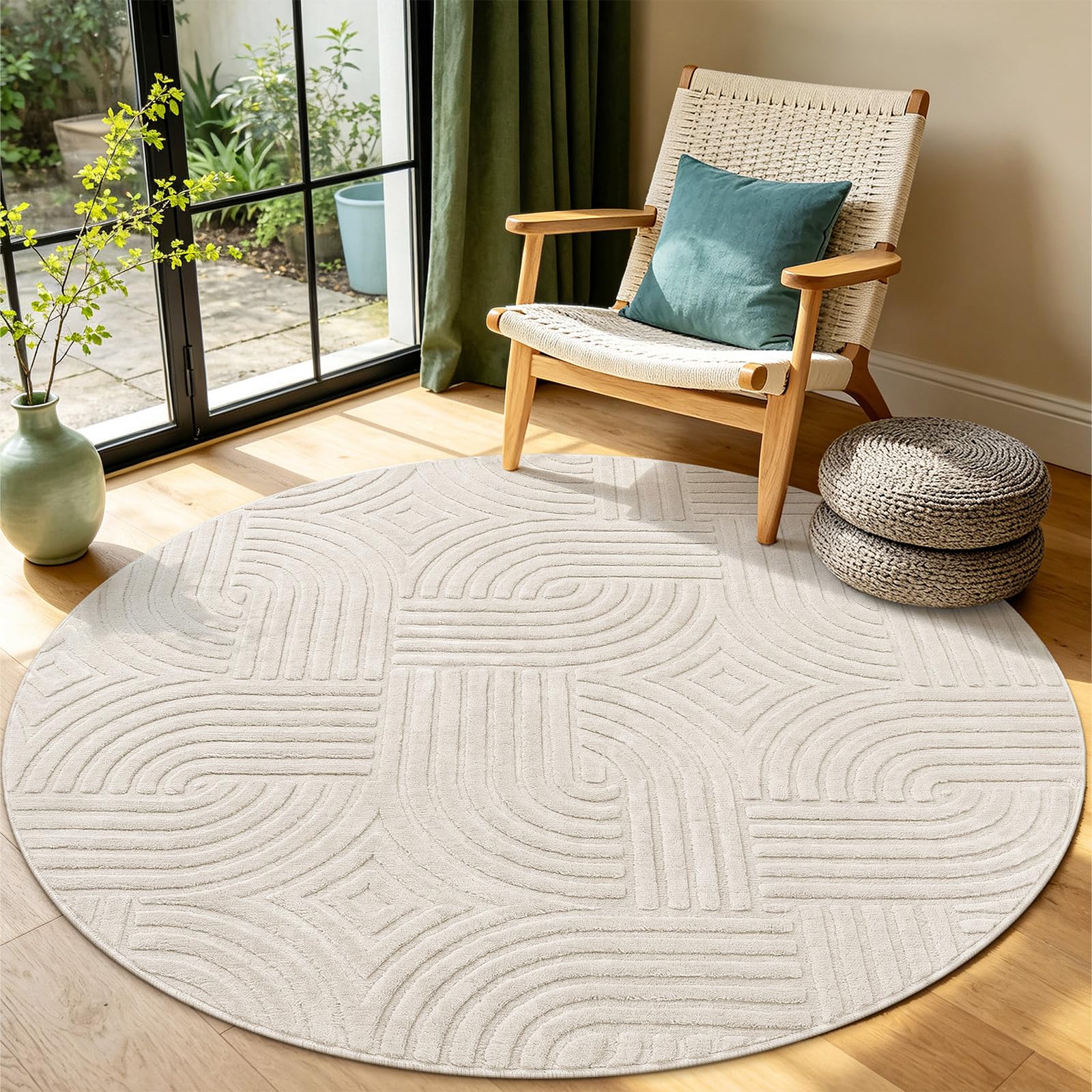 Enyhom Round Rugs Living Room 160cm, Washable Beige Area Rug for Bedroom โ image 1