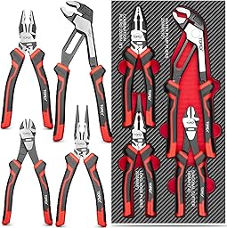 TOPEX 4 Piece Pliers Set with Ergonomic Non-Slip Handle (190 mm Diagonal Cutters, 200 mm Combination Pliers, 200 mm Long Nose Plier, 250 mm Water Pump Plier) for Demanding Tasks & Home Use
