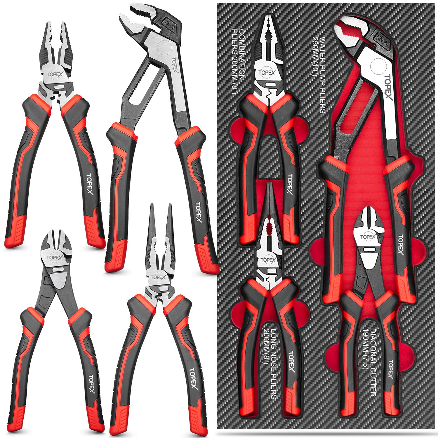 TOPEX 4 Piece Pliers Set with Ergonomic Non-Slip Handle (190 mm Diagonal Cutters, 200 mm Combination Pliers, 200 mm Long Nose Plier, 250 mm Water Pump Plier) for Demanding Tasks & Home Use