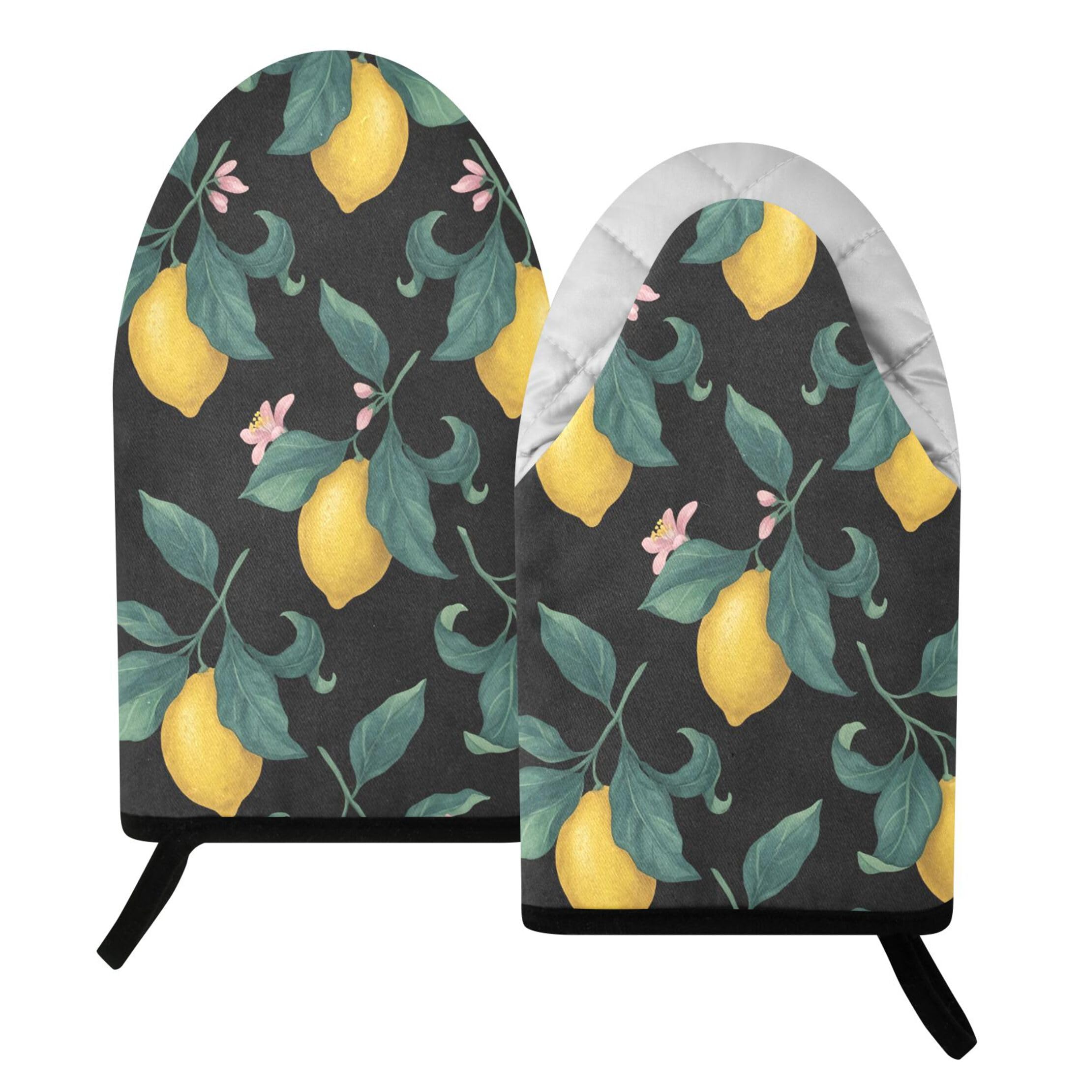 Kutsu Lemons Oven Mitts for Kitchen, Heat Resistant Cotton Oven Gloves for BBQ Baking Cooking, Breathable Kitchen Essentials, 2 pcs
